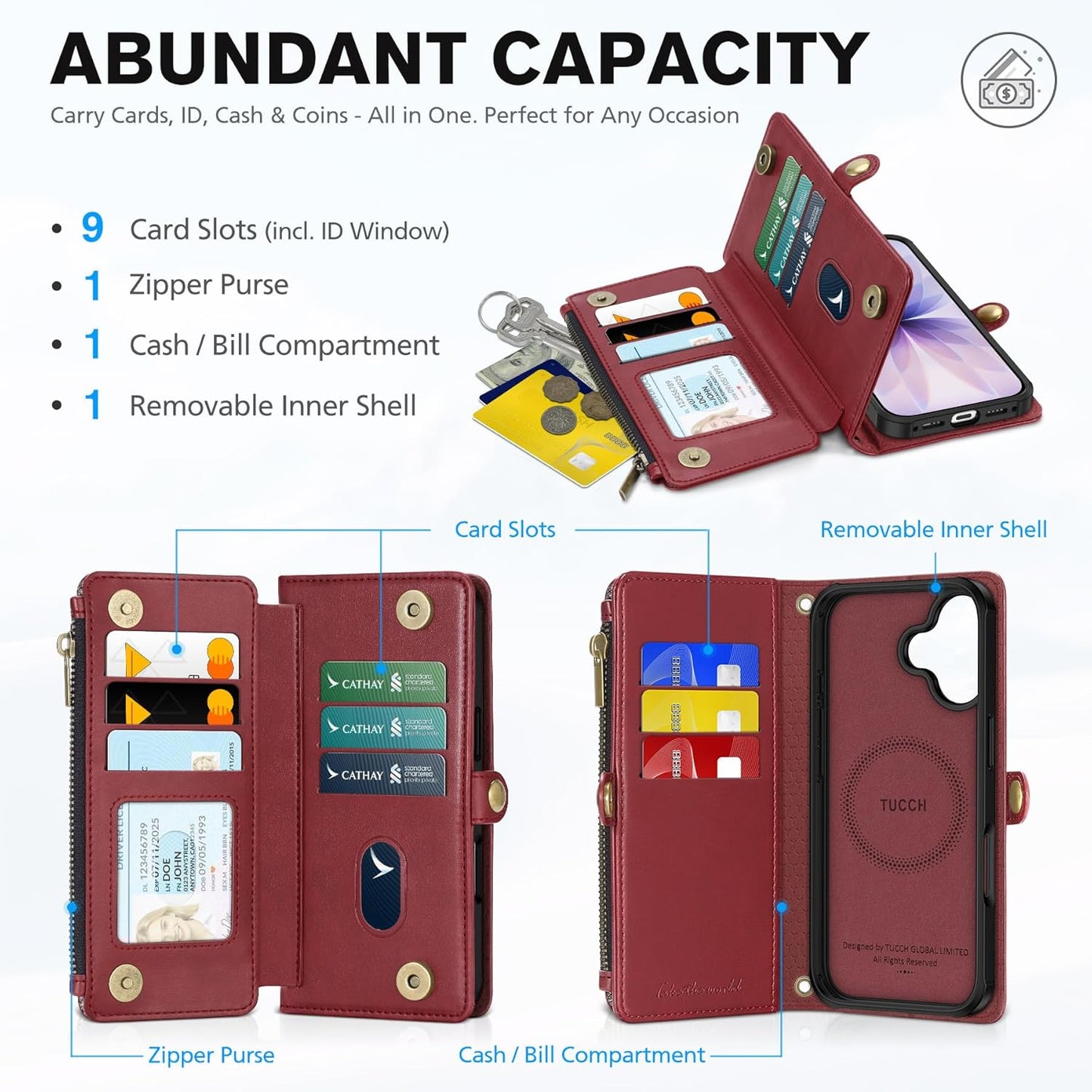 TUCCH Detachable Crossbody Case Wallet for iPhone 17 (6.3"), Wireless Charging | RFID Blocking 9 Card Holders | Lanyard | Wrist Strap | Stand | Zipper Pocket | PU Leather | Magnetic Cover | Dark Red