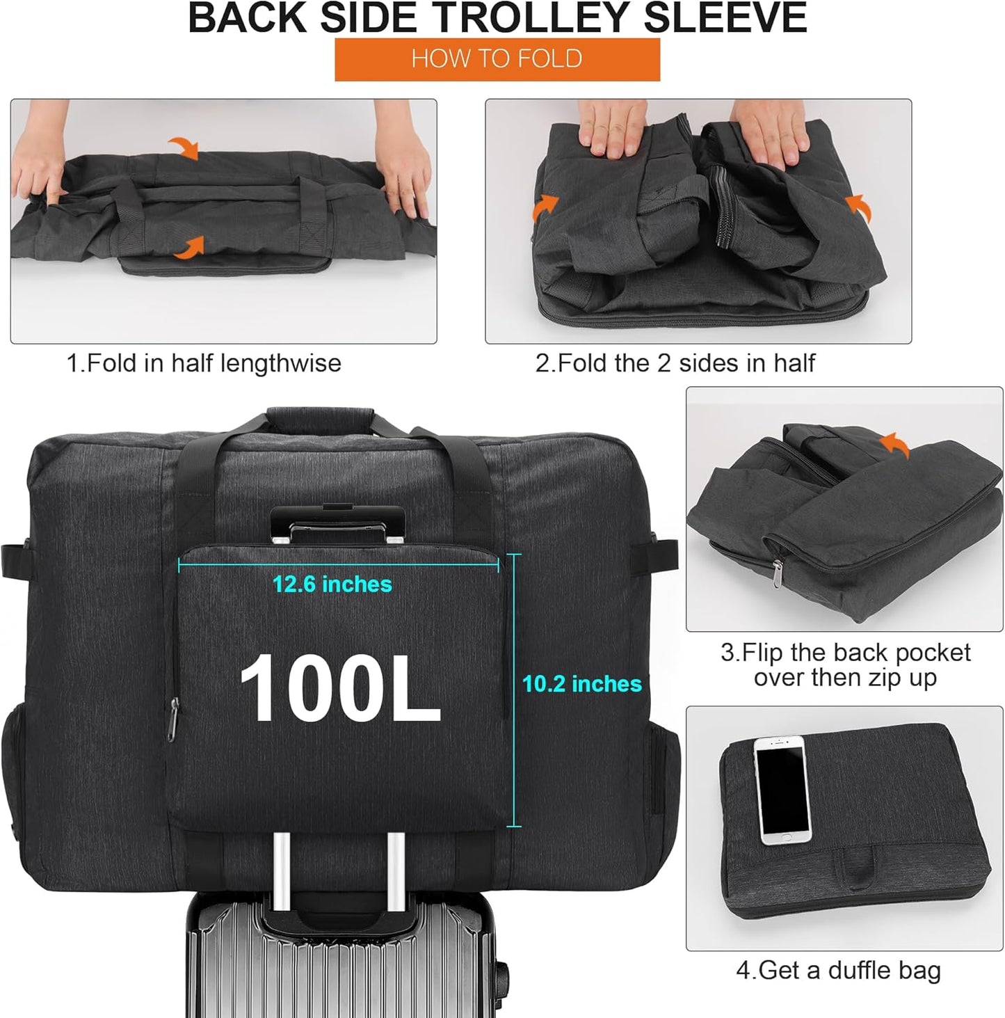 Large Travel Duffle Bag for Men Women, 80L 100L 120L Foldable Waterproof Duffle Bag, Packable Bag with Shoes Compartment for Overnight Gym Weekender Bag (Black, 100L)