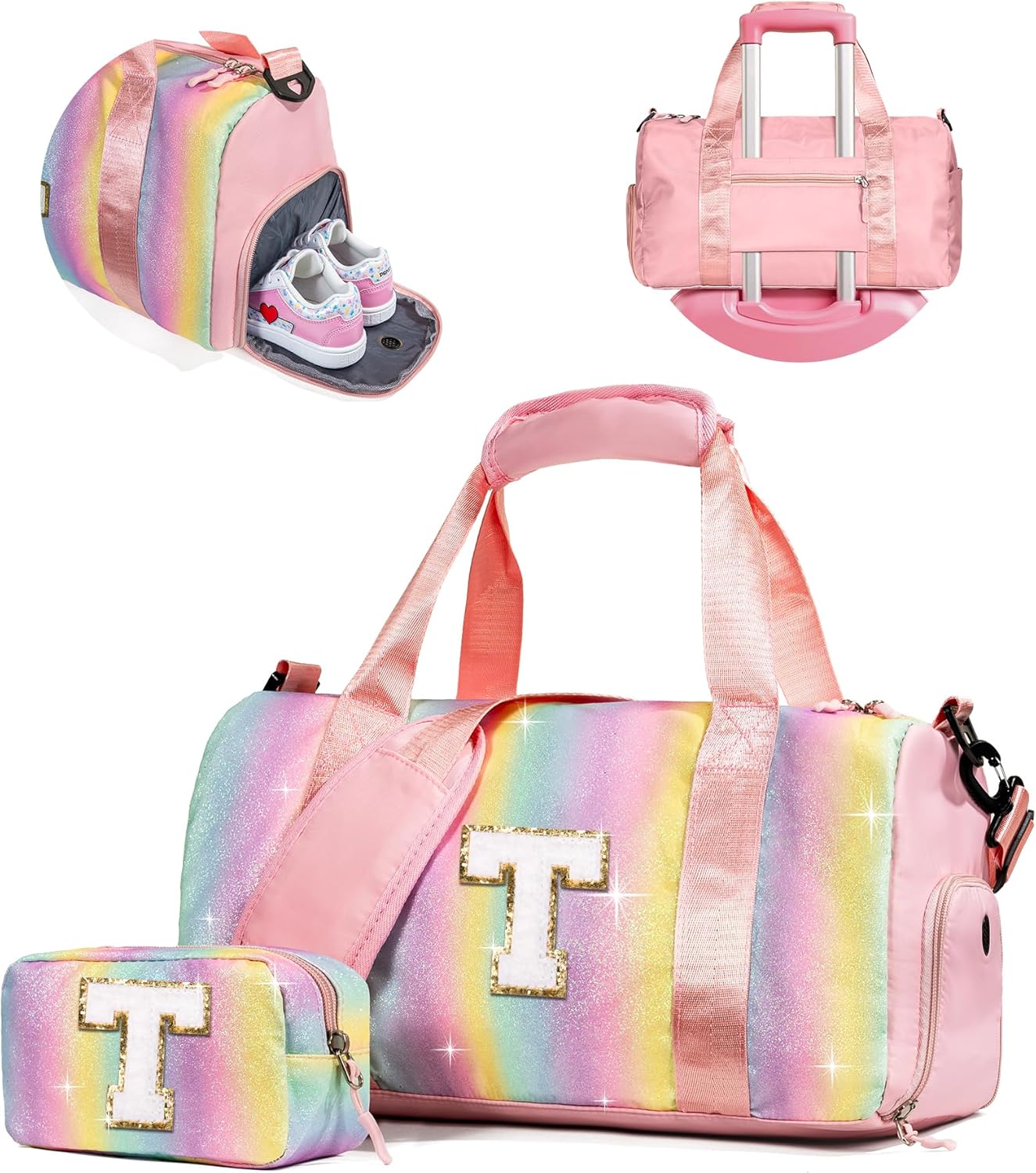 Christmas Gifts for Girls-Girl Gym Bag with Shoe Compartment, Kid Personalized Weekender Overnight Bags, Initial Travel Tote with Makeup Pouch, Gift for 3 4 5 6 7 Year Old Kids (Letter T)