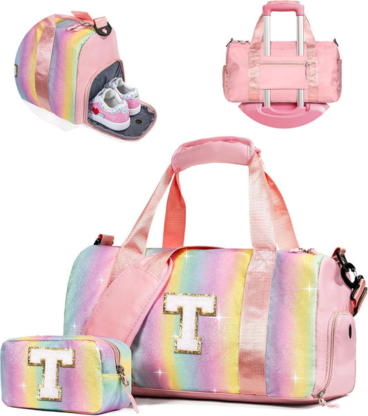 Christmas Gifts for Girls-Girl Gym Bag with Shoe Compartment, Kid Personalized Weekender Overnight Bags, Initial Travel Tote with Makeup Pouch, Gift for 3 4 5 6 7 Year Old Kids (Letter T)