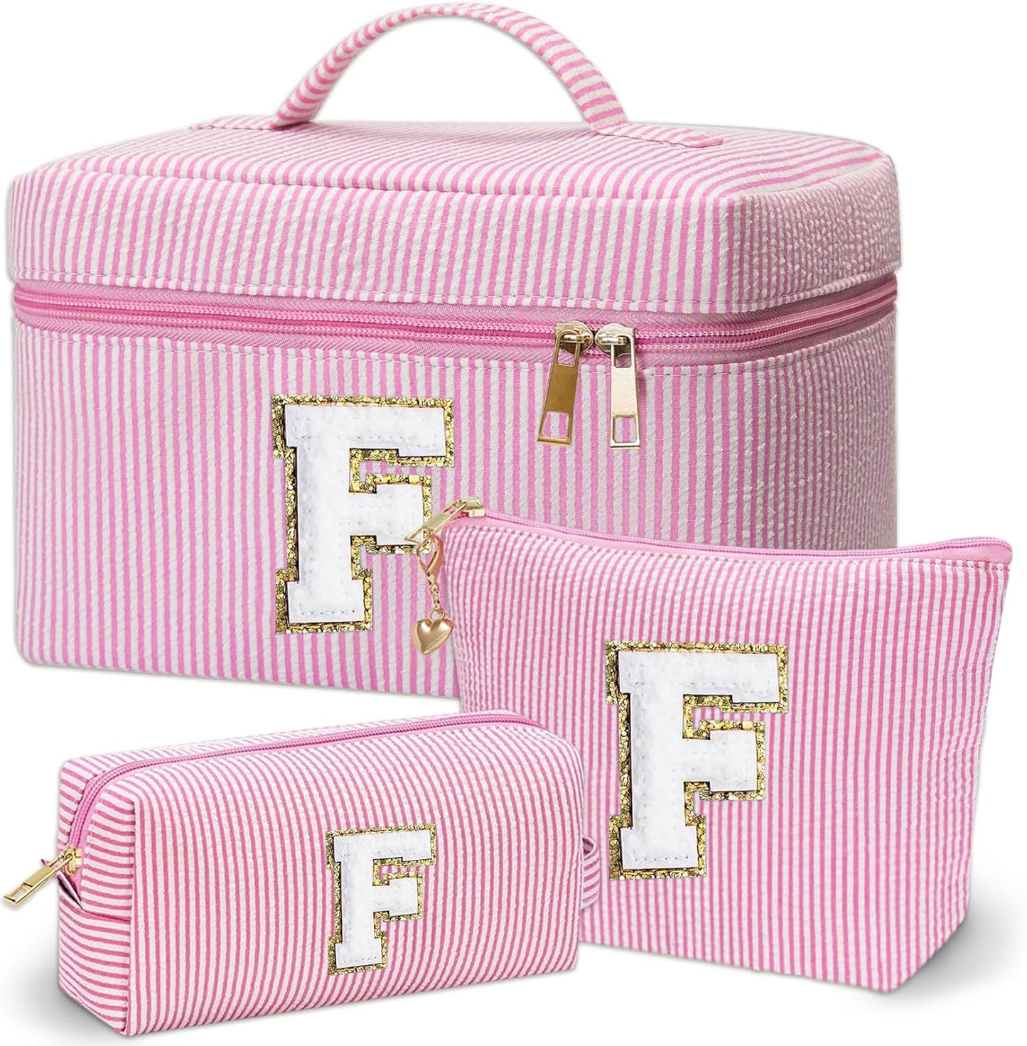 Personalized Monogram Makeup Bag, 3PCS Custom Monogrammed Toiletry Cosmetic Bag for 6-18 Teen Girls Women,Birthday Graduation Gifts Initial Pouch Makeup Bags for Women Girls, Make Up Bag (F, Pink)