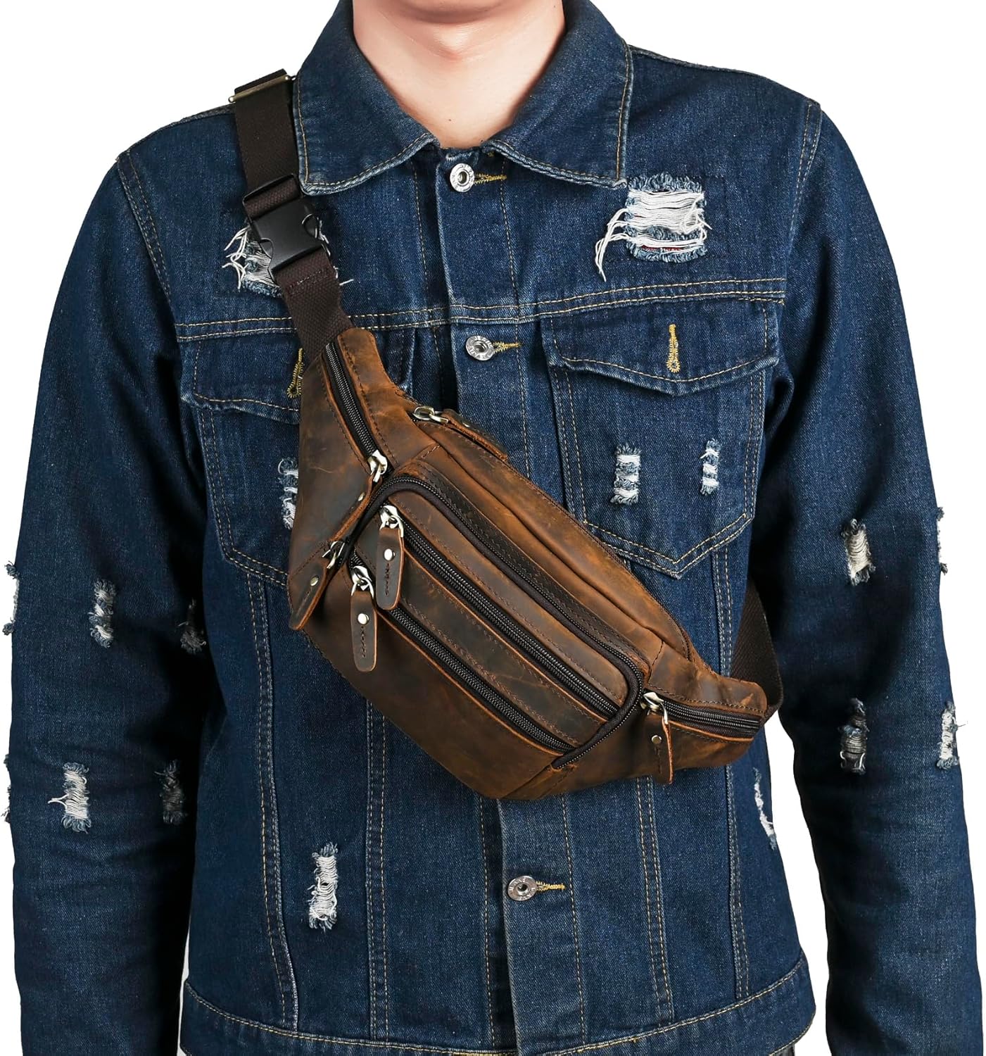 Thick Crazy Horse Leather Hiking Riding Travel Outdoor Belt Bag Fanny Waist Pack Small Phone Pouch For Men Women 380 (383 Brown)