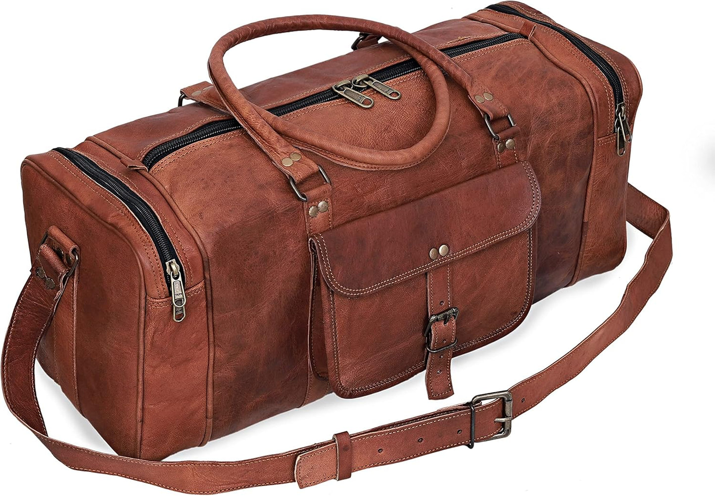 24 Inch Large Leather Duffel Travel Duffle Gym Sports Overnight Weekender Bag (brown)