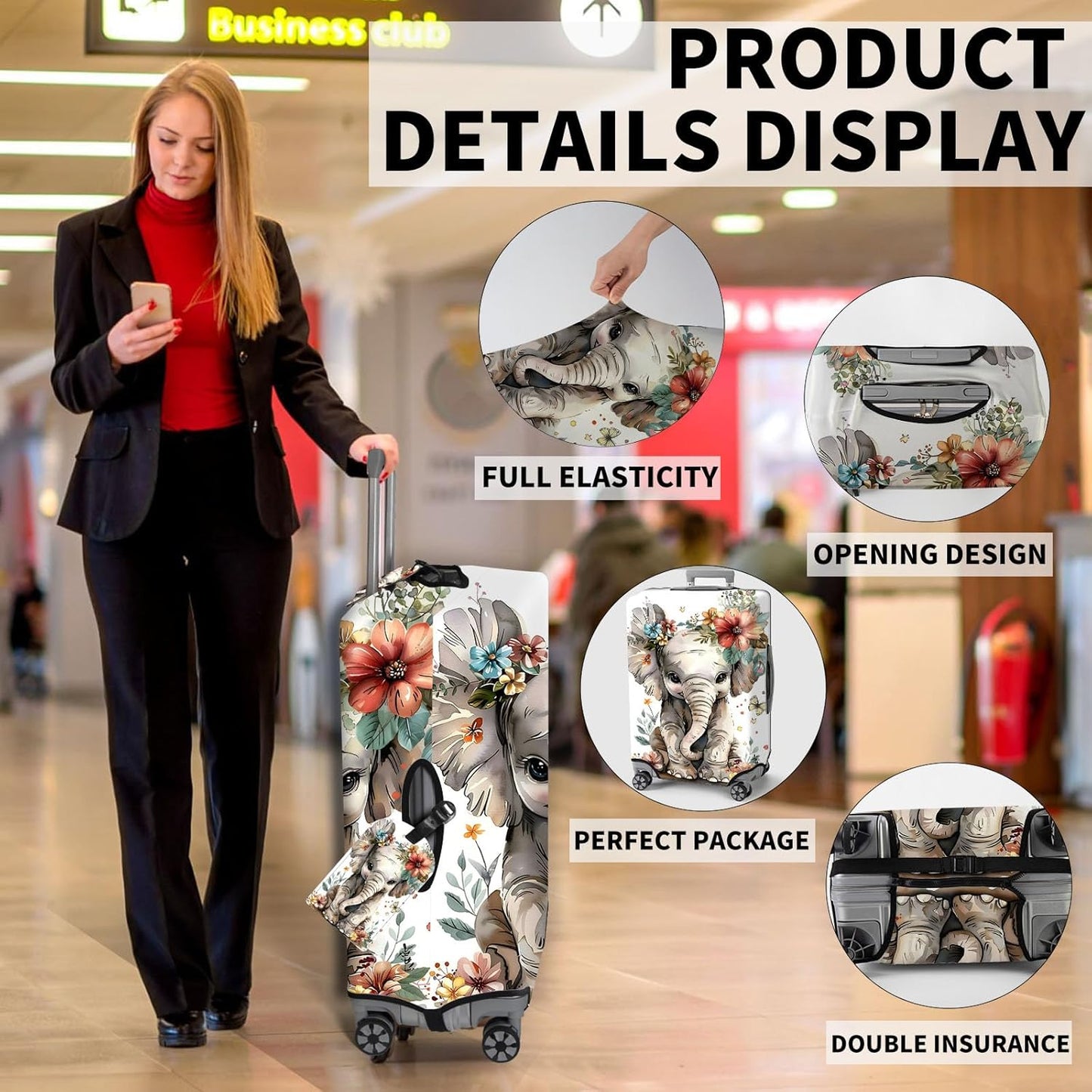 Travel Luggage Cover,Flowers Elephant Theme Suitcase Cover Accessory Kit, Luggage Tag, and Comfortable Luggage Handle Wrap, Washable Zipper Close Luggage Suitcase Protector (18-20 inch,S)