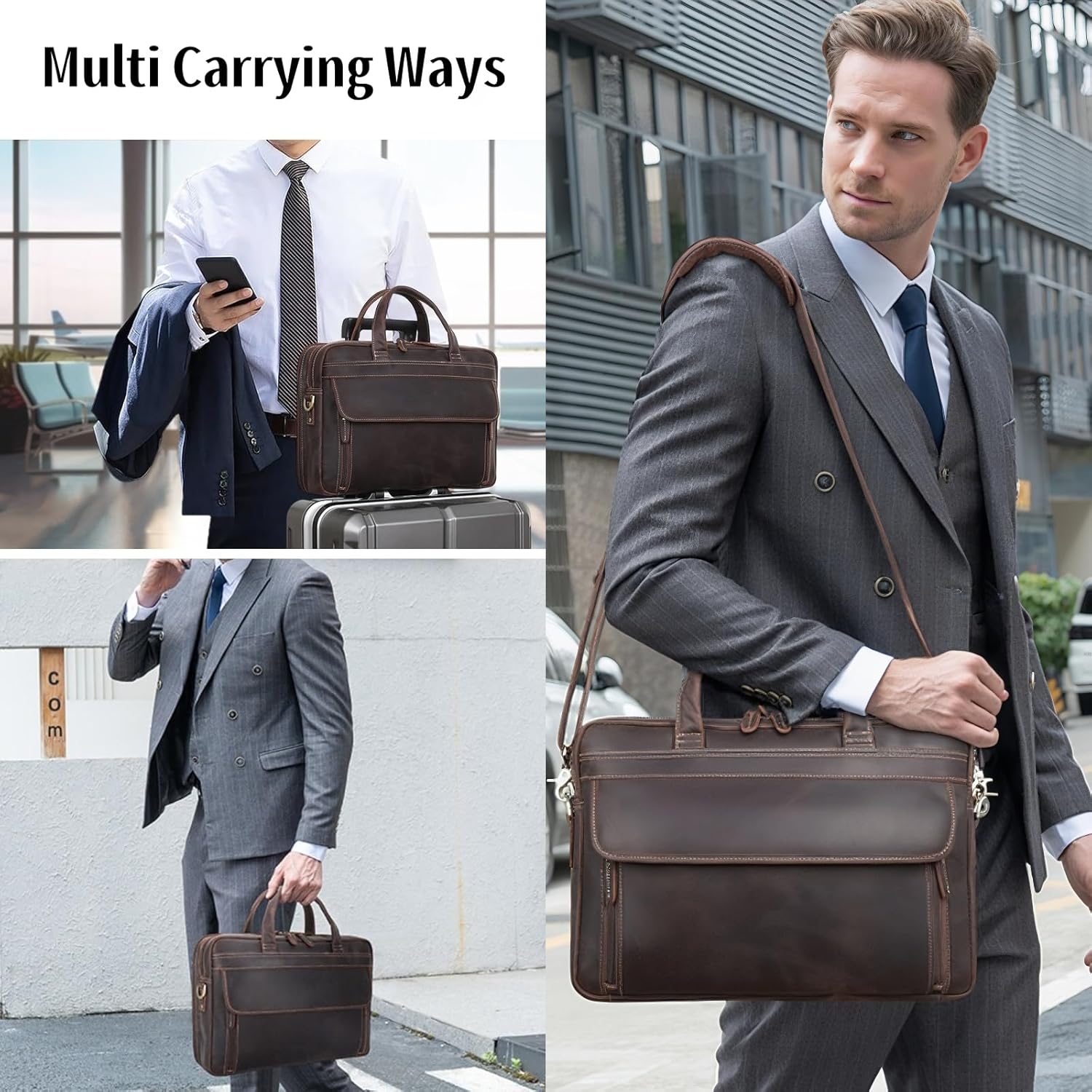 Masa Kawa Leather Briefcase for Men 15.6", 17" Laptop Computer Case Business Travel Work Messenger