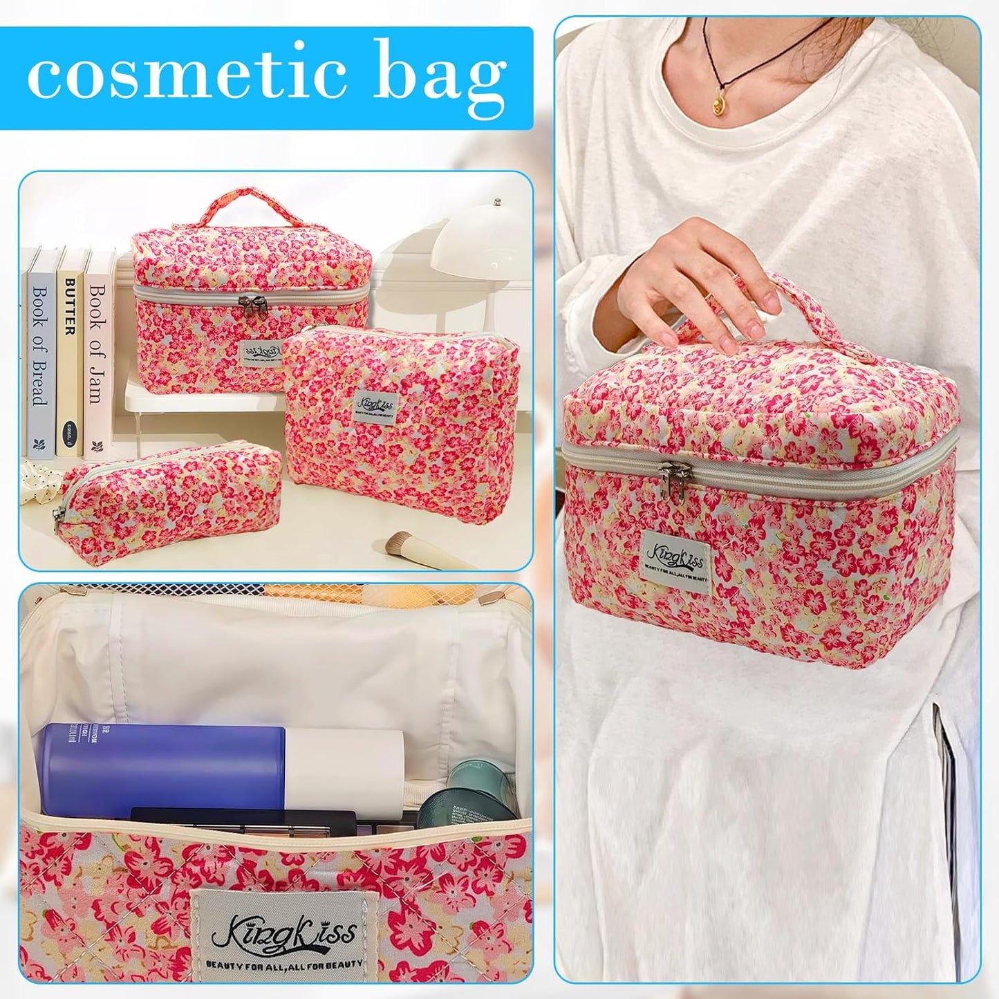 Quilted Makeup Bag, Large Capacity Travel Cosmetic Bag for Women and Girls, Aesthetic Storage for Daily and Travel Use (3pcs-Red Flowers)