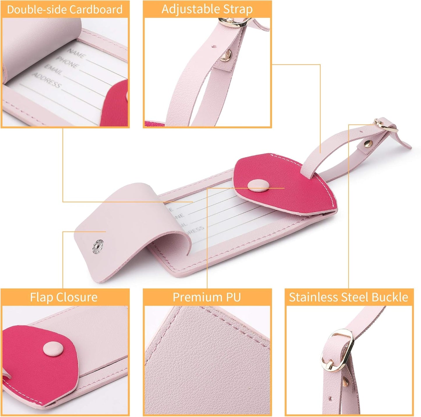 Kevancho Leather Smart Luggage Tags for Men Women, Suitcase Labels Baggage Tote Bag Tag ID Tags with Full Back Privacy Cover for Carnival Cruise Ships, Travel Accessories Tags Set of 2 PCS (Pink)