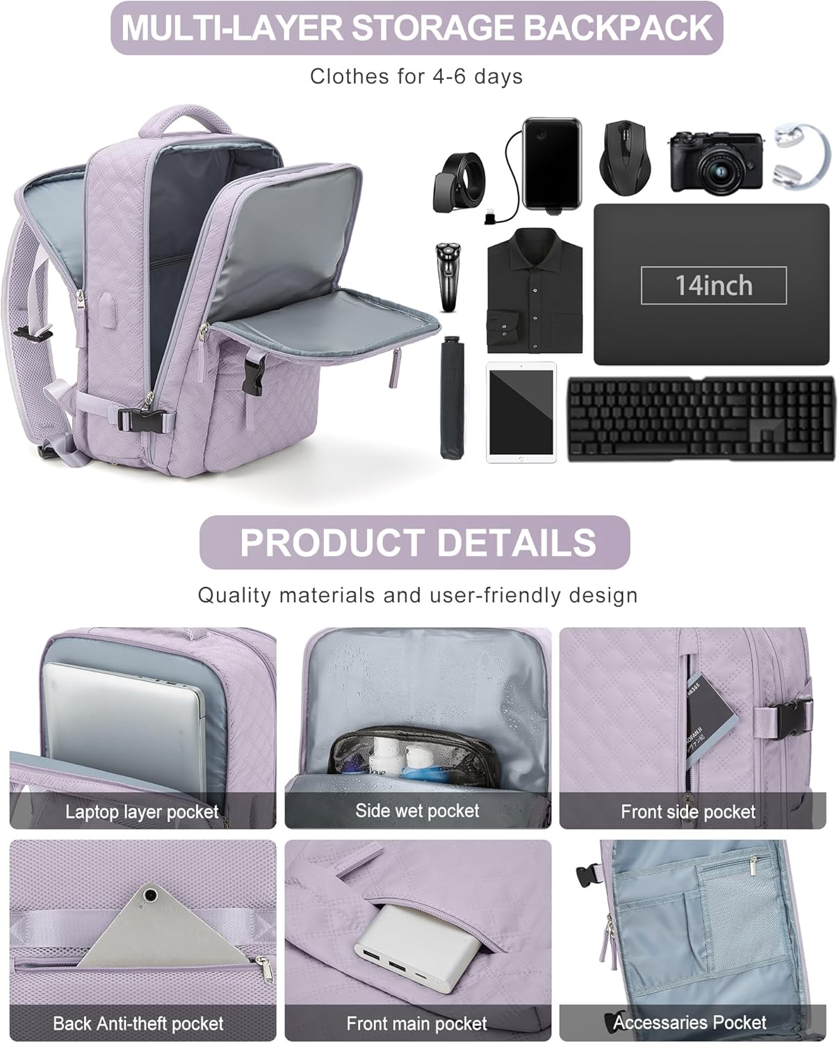 VGCUB Large Travel Backpack for Women Men, Carry on Backpack Airline Approved Gym Backpack Waterproof Business Laptop Daypack,Purple