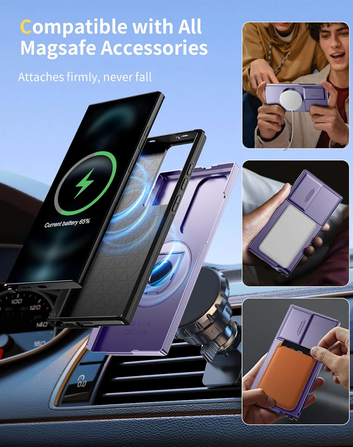 for Samsung Galaxy S22 Ultra Case Magnetic Compatible with MagSafe Wireless Charging+Screen Protector,Built-in Stand Ring+Camera Cover Anti-Scratch Shockproof Heavy Duty Protection Purple