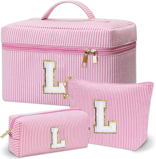 Personalized Monogram Makeup Bag, 3PCS Custom Monogrammed Toiletry Cosmetic Bag for 6-18 Teen Girls Women,Birthday Graduation Gifts Initial Pouch Makeup Bags for Women Girls, Make Up Bag (L, Pink)