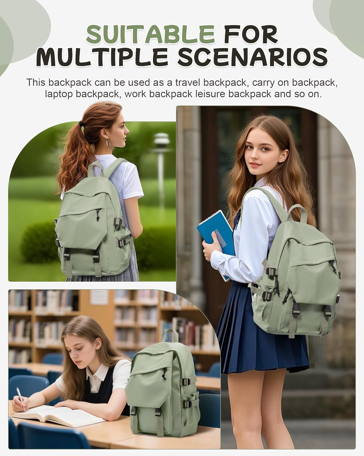 Travel Laptop Backpack For Women Small Computer Work Backpack For Men Lightweight College Teacher Backpacks For Women Causal Daypack Backpacks Grey Green