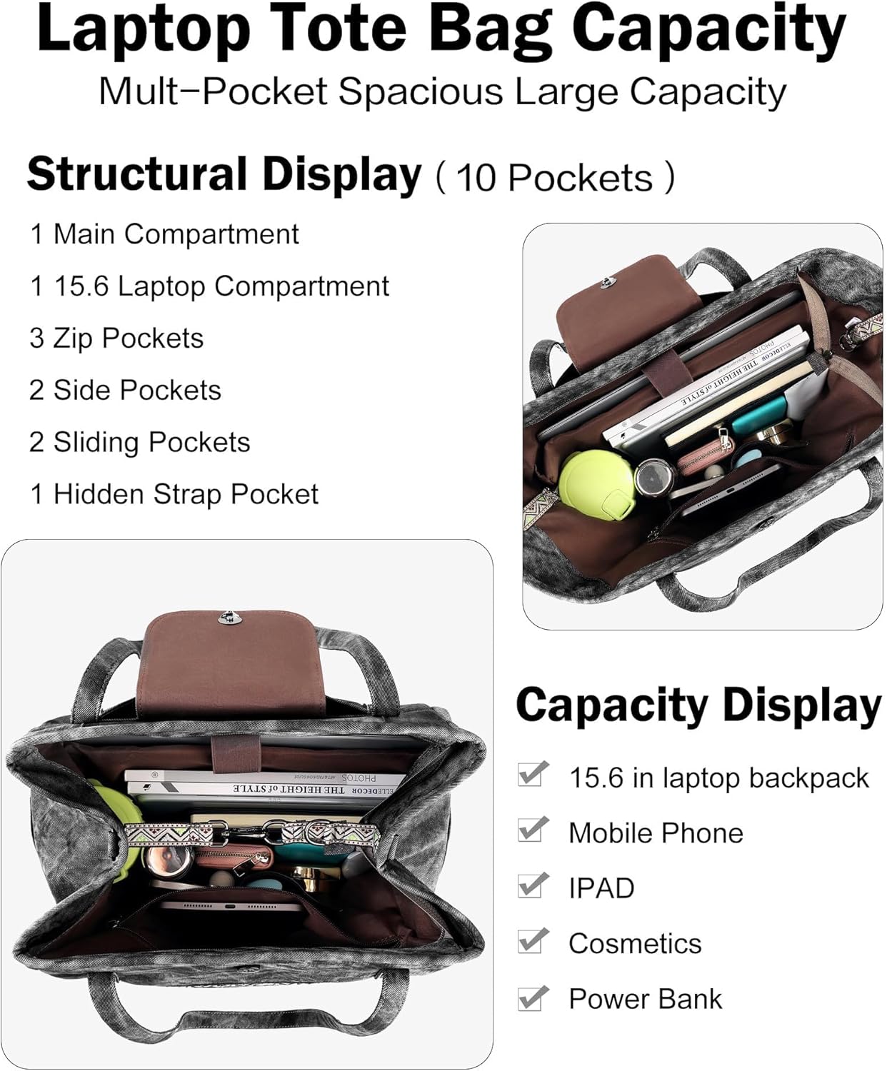 FADEON Large Laptop Tote Bag for Women Designer Leather Laptop Bag Fashion Travel Backpack Purse Shoulder Handbag