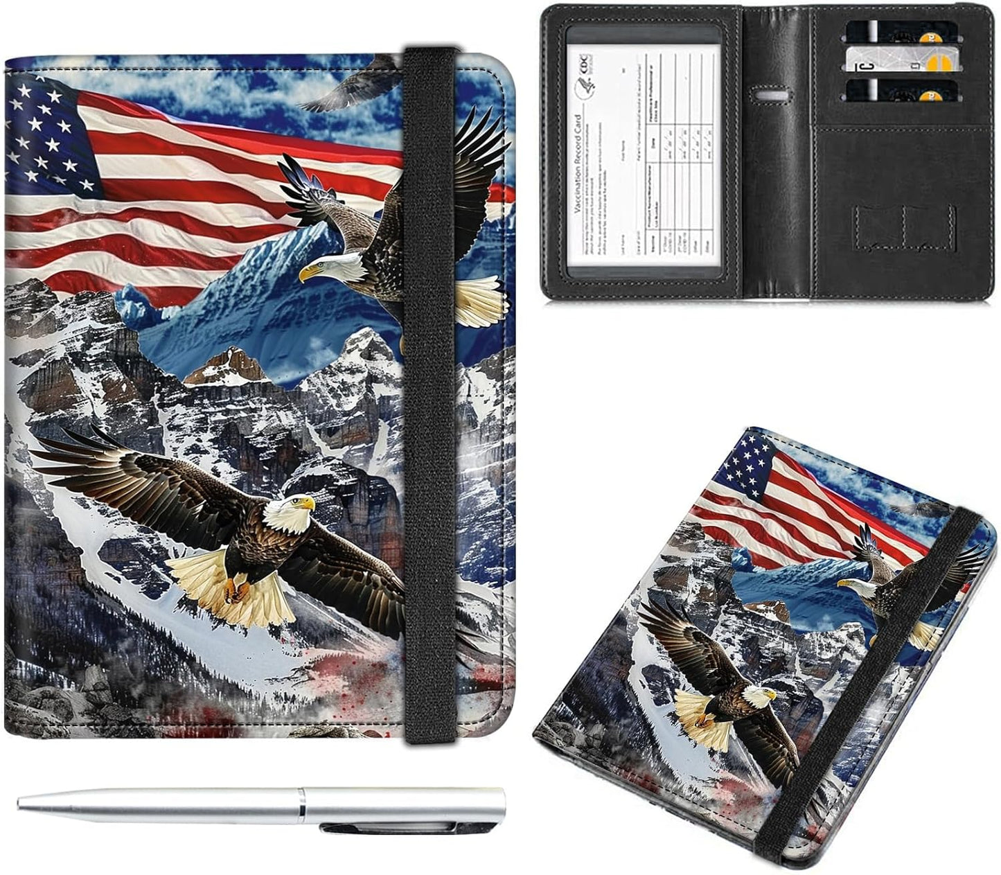Passport and Vaccine Card Holder Cover Combo,Travel Passport Holder Wallet with RFID Blocking, Leather Vaccine Card Slot Passport Cover Case for Women & Men,American Flag Eagles