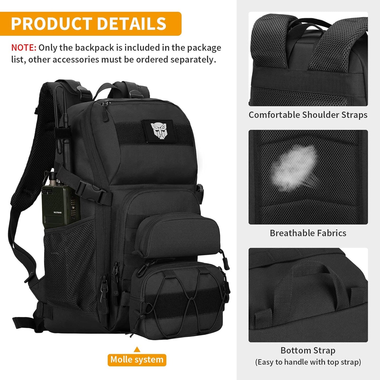 HUNTVP Tactical Backpack Military MOLLE Backpack Hunting Rucksack Gear Assault Pack 25L WR（Black）