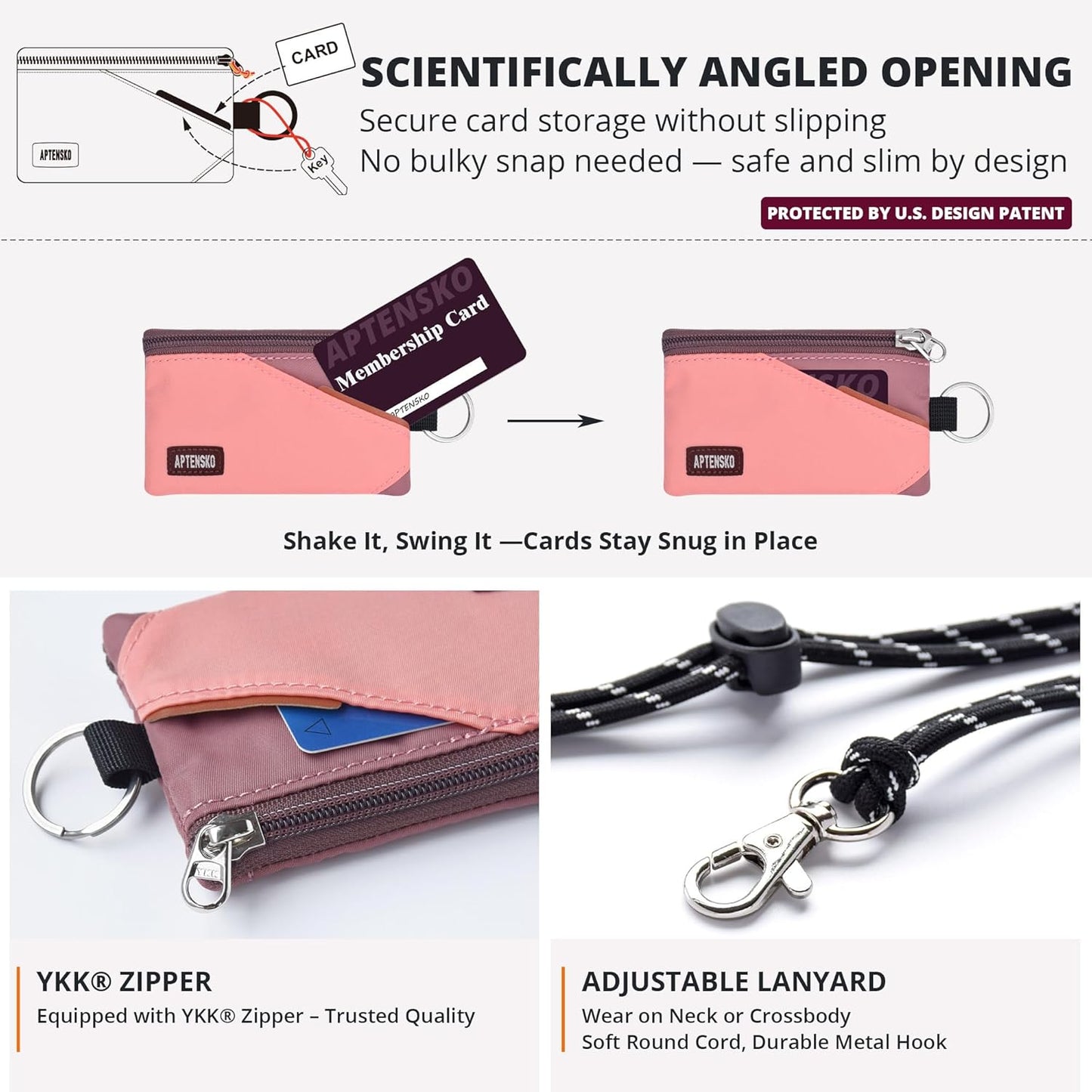 RFID Travel Wallet with Adjustable Lanyard-Zipper Small Wallet with ID Card Holder, Keychain for women&men-Minimalist Slim Waterproof Nylon case for ID, Cash, Key (CoralBlush+Mauve)