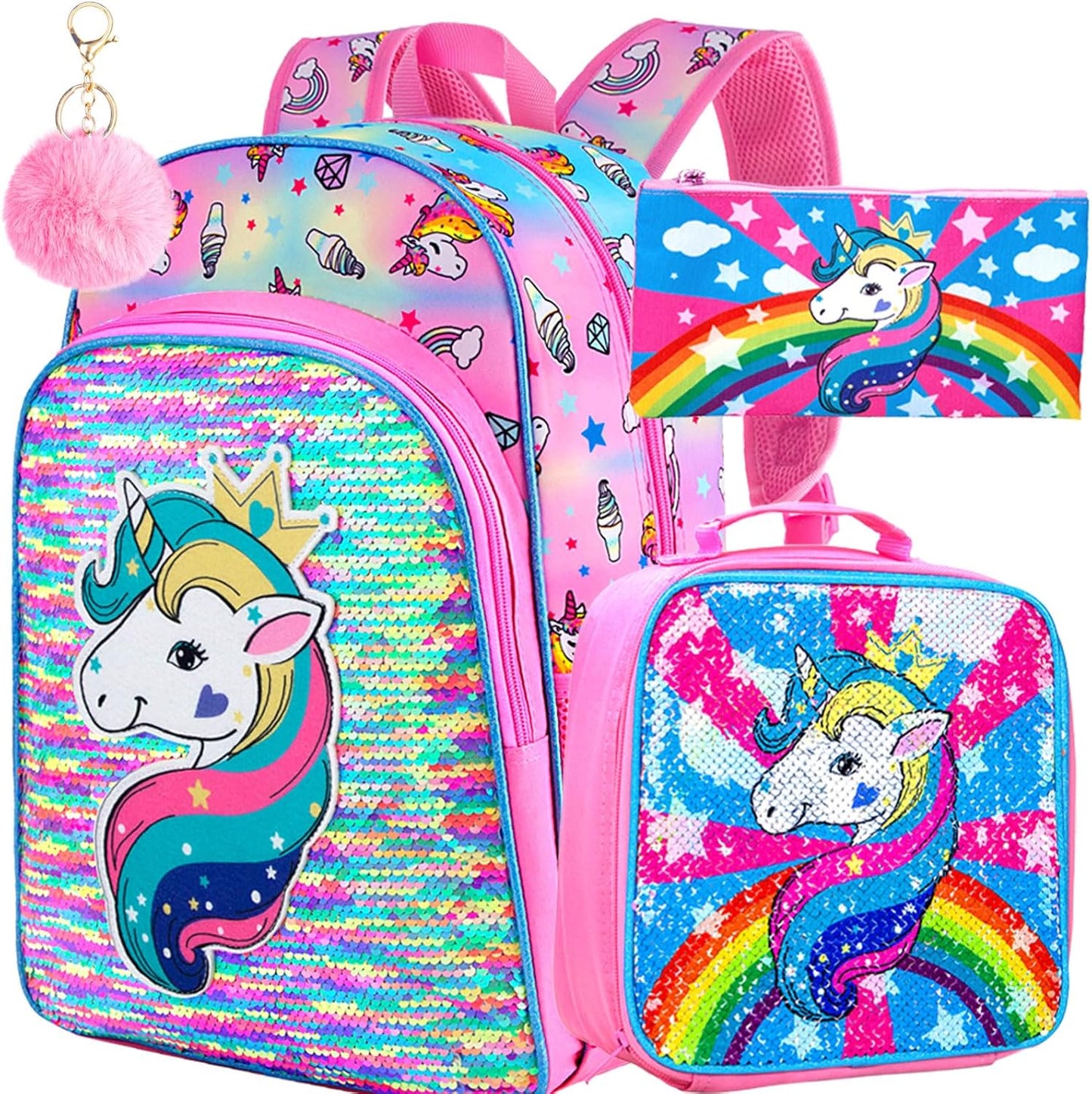 3PCS Kids Backpacks for Girls, 16" Little Kid Preschool School Bookbag and Lunch Box - Unicorn/Mermaid/Flamingo