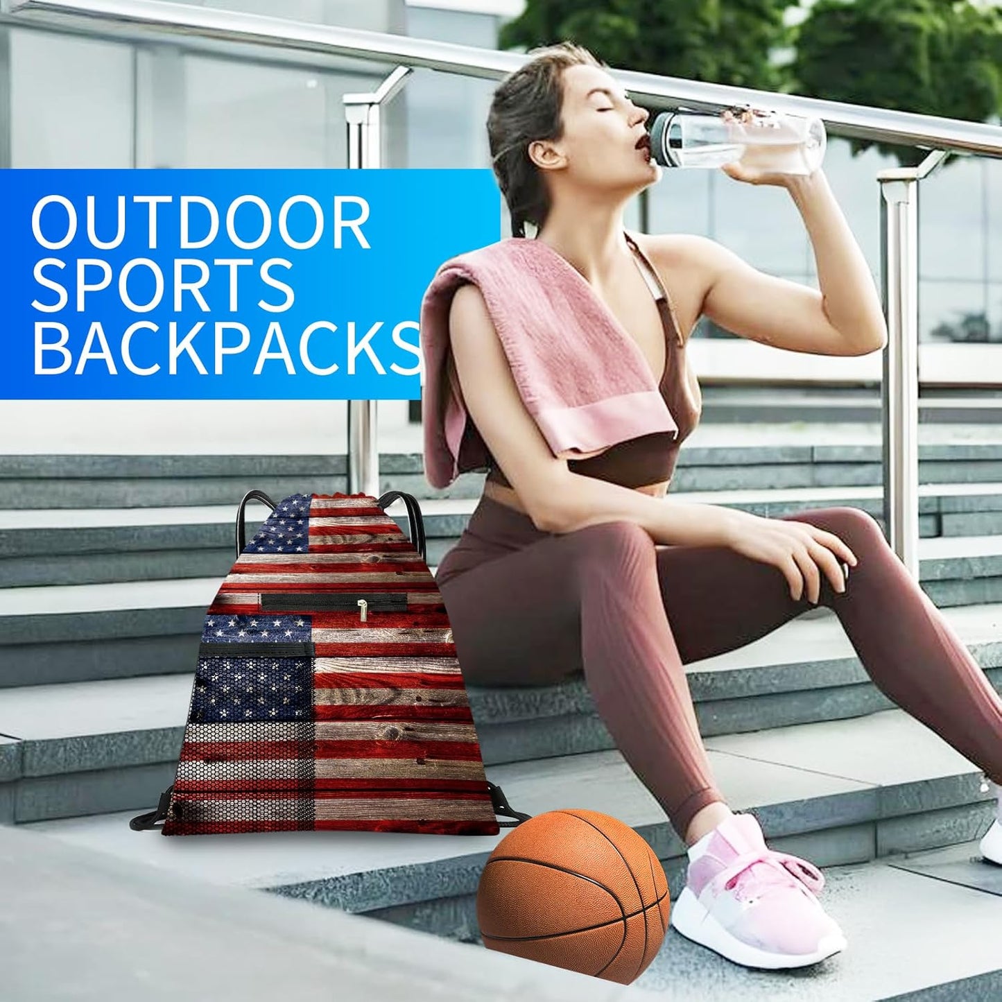 Drawstring Backpack Sports Gym Bag, Large String Swim Bag for Beach With Water Bottle Mesh Pocket, Cute Gym Sack with Zipper Pocket for Men Women Cute Flag