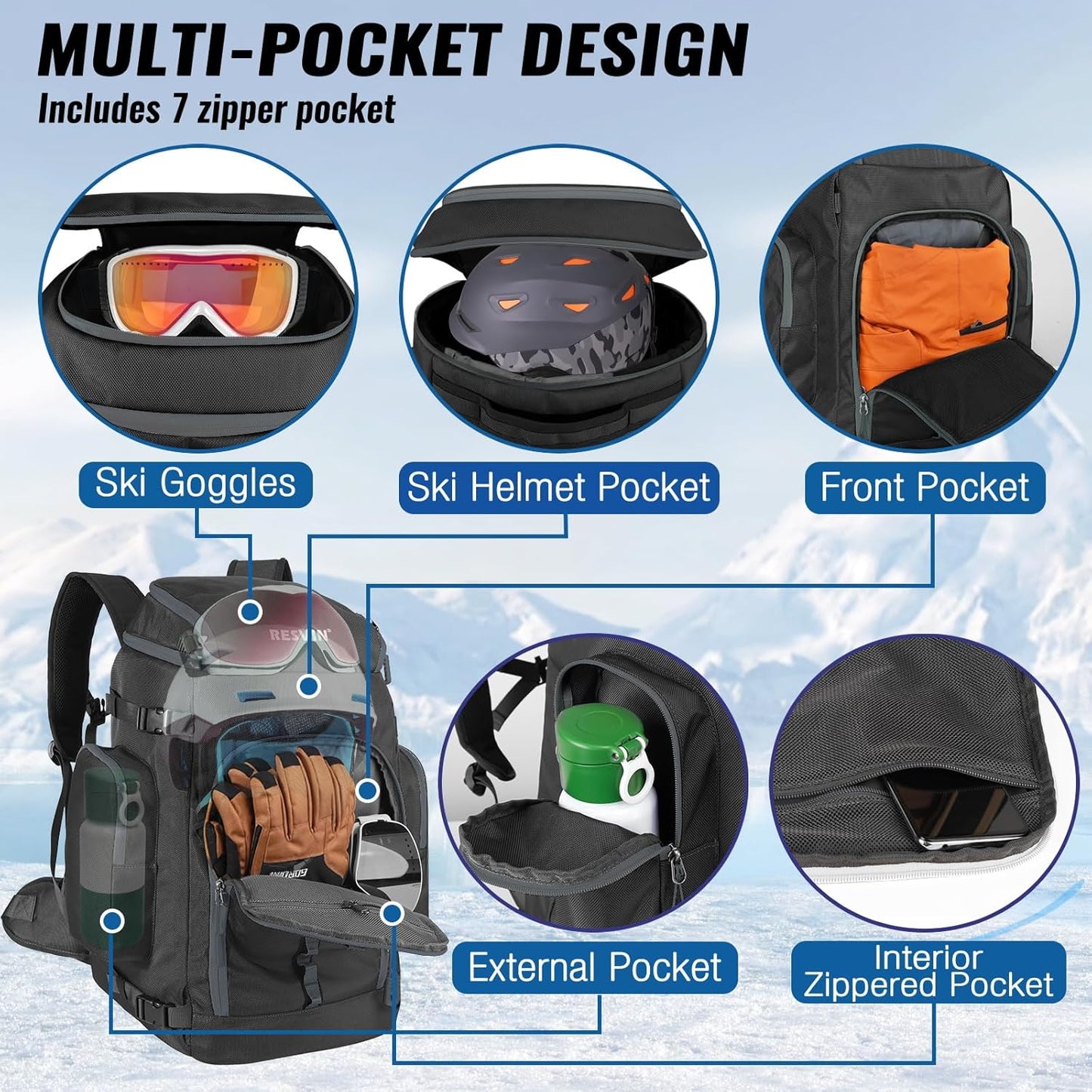 Ski Boot Bag, 65L Waterproof Ski Bag Ski Boot Bag Backpack 1680D Nylon for, Skis Snowboard & Accessories