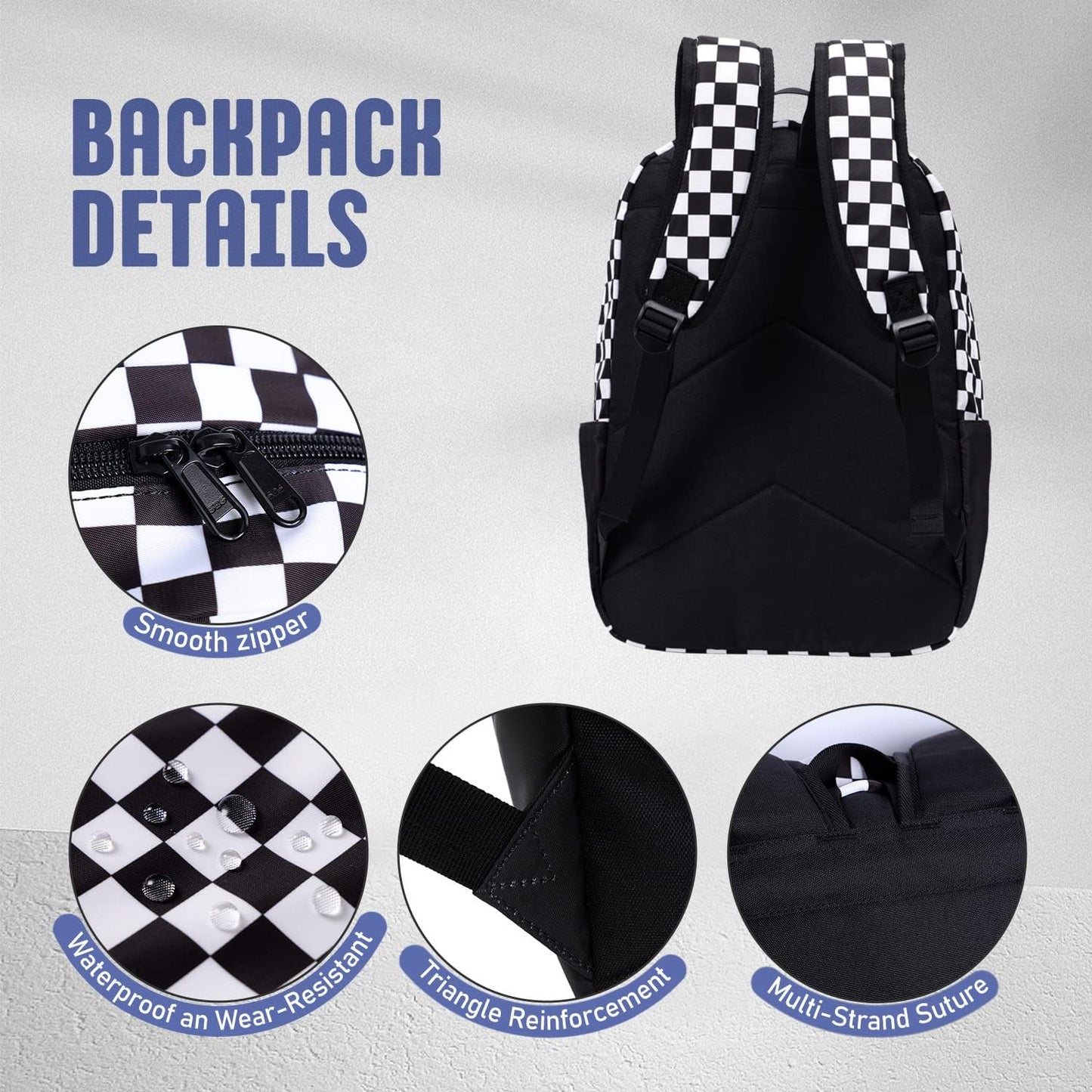 Checkered Backpack - School Backpack for Kids, Large Capacity, Waterproof, Lightweight, Black