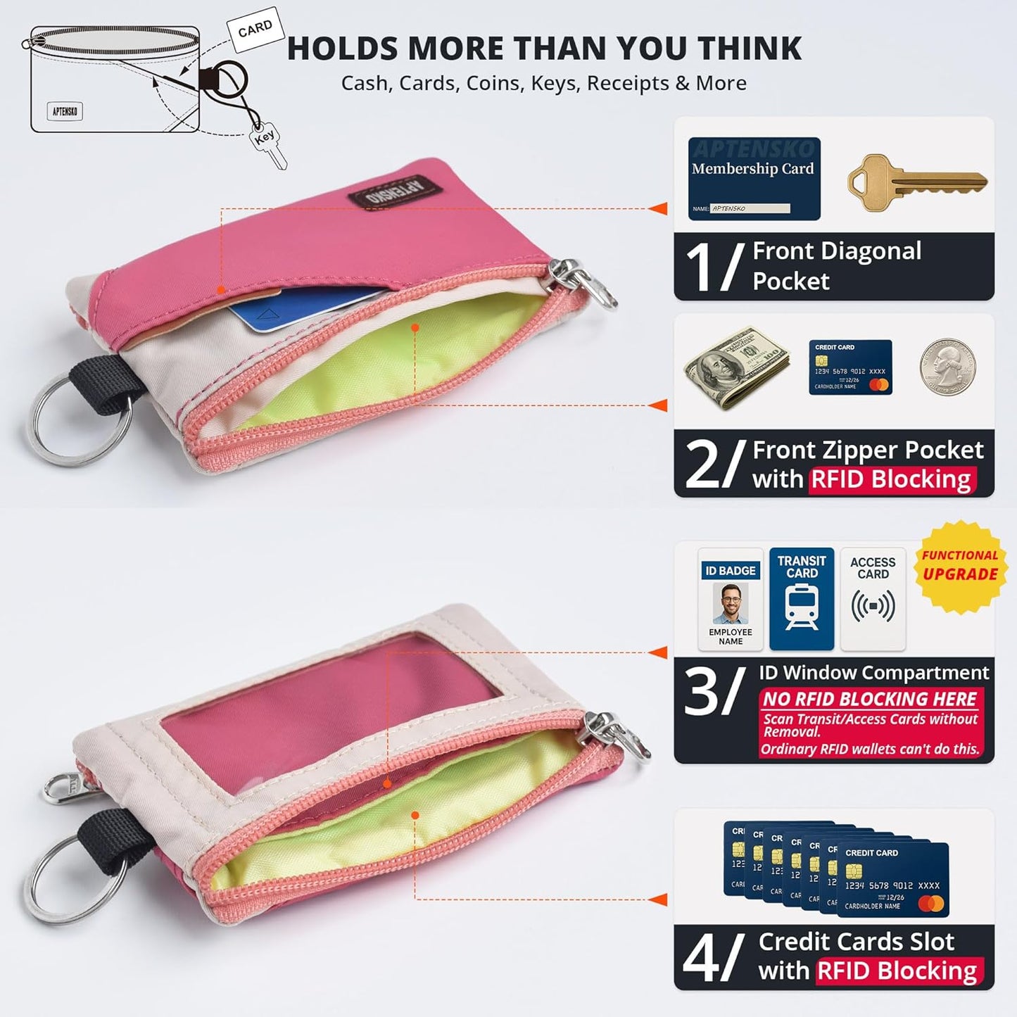 RFID Travel Wallet with Adjustable Lanyard-Zipper Small Wallet with ID Card Holder, Keychain for women&men-Minimalist Slim Waterproof Nylon case for ID, Cash, Key (Pink+Almond)
