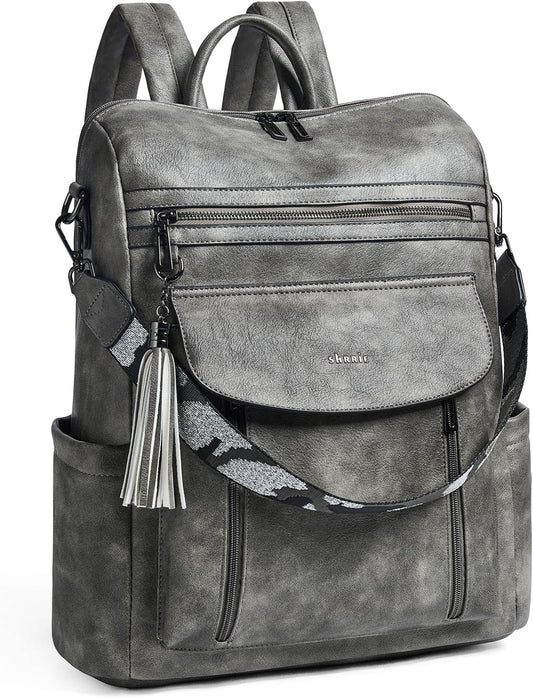 Shrrie Laptop Backpack for Women 15.6 inch,Travel Leather Backpack Purse Nurse Teacher Carry on Backpack Computer Bag,Professional Water-Resistant College Business Work Casual Daypack,Deep Gray