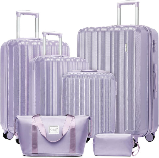 LARVENDER Luggage Set 6 Piece Large Suitcases with Wheels, Suitcase Set ABS Hard Shell Luggage Sets with Spinner Wheels, Carry On Luggage TSA Lock Travel Luggage for Men Women(Lavender)