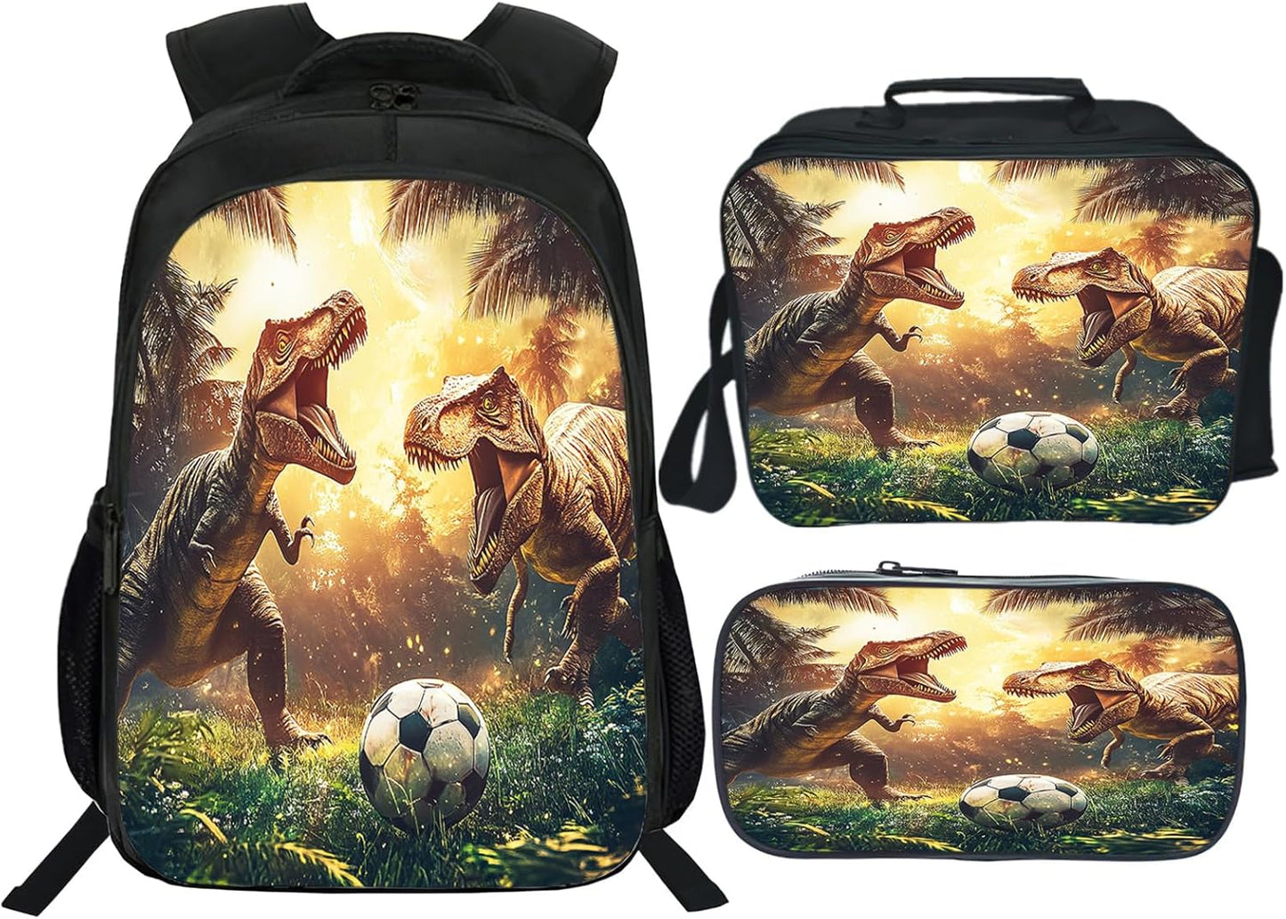 Funny Dinosaur Backpack Soccer School Bag 3PCS Backpack 16 Inch with Lunch Bag Set Lightweight for Teen Boys Girls Kids Elementary Middle School