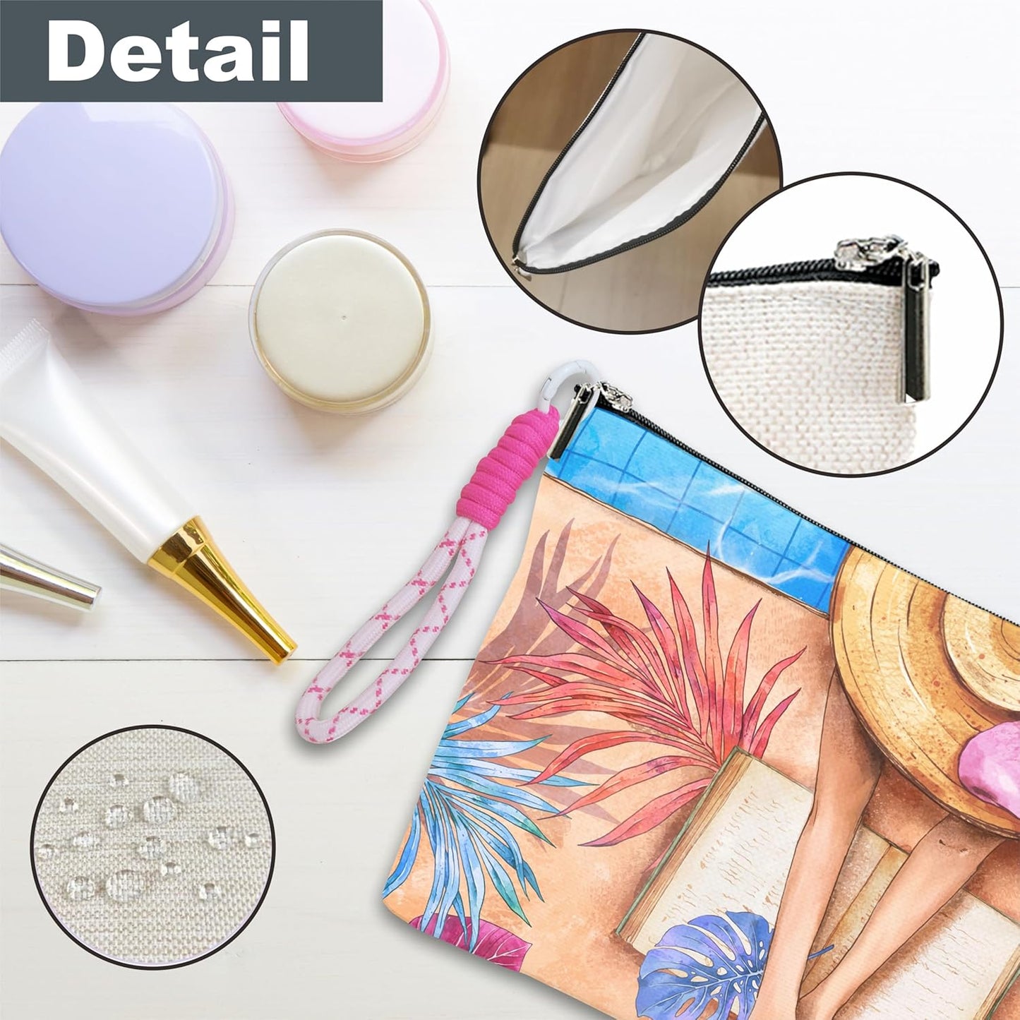 Make Up Bag For Woman, Cosmetic Bag With Hand Strap- Summer Reading Girl - Lined Toiletry Bag For Woman - Travel Pouch, Beach Organizer With Zipper, Women Essentials & Accessories - A13