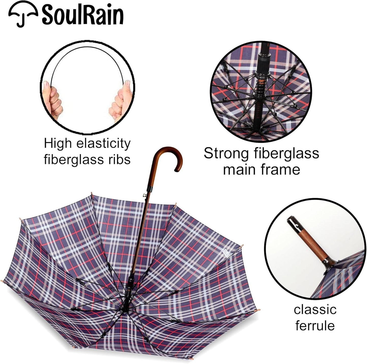 SoulRain 48" Large Umbrella –Windproof Stick Umbrellas for Rain, Automatic Open, Vintage Cane big Umbrella with Classic Wooden Handle,Open for 2 Persons adult,for Women & Men(Blue Red plaid)