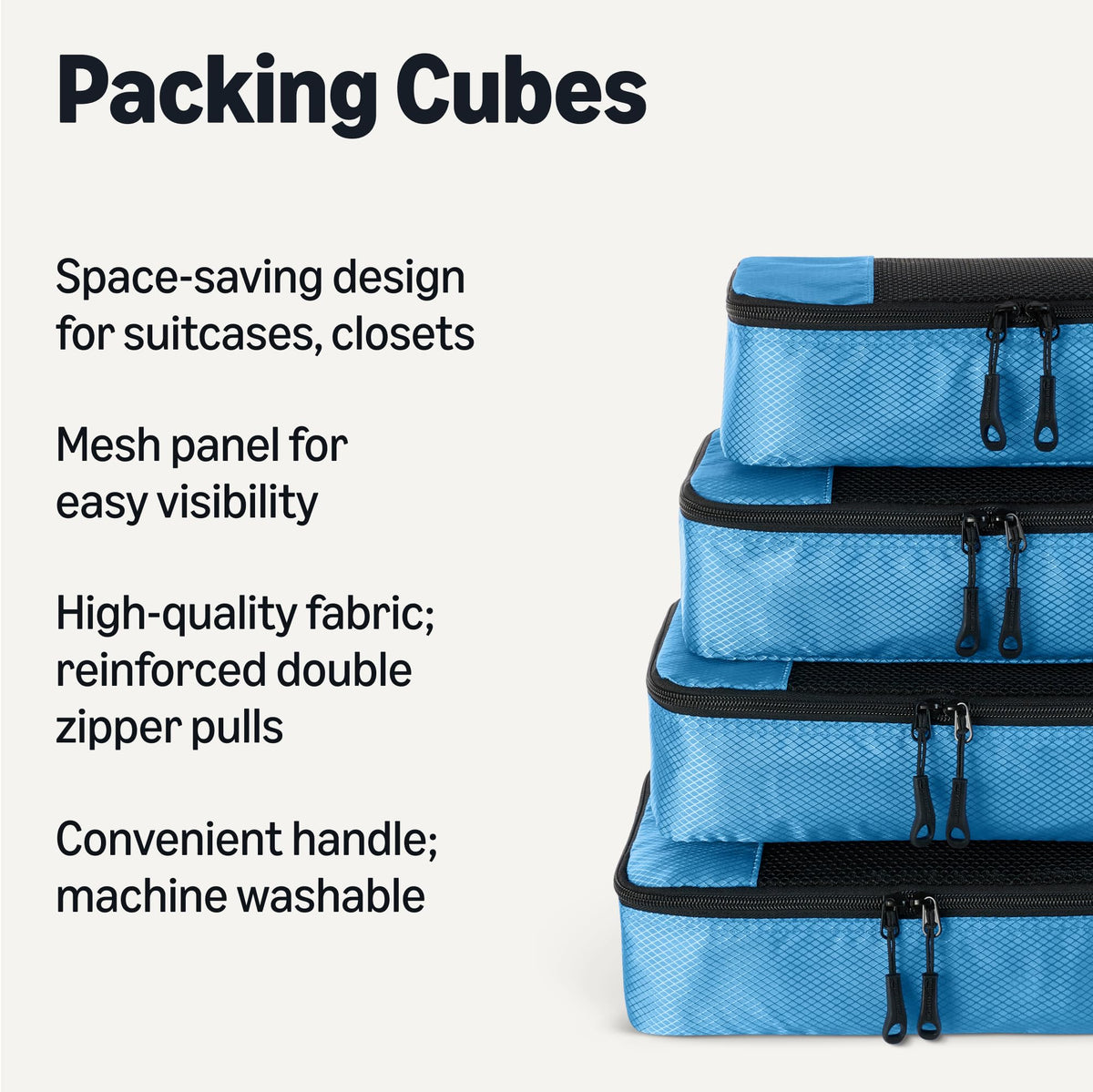 Amazon Essentials 4-Piece Packing Cubes Travel Accessories Set, Luggage Organizer with Double