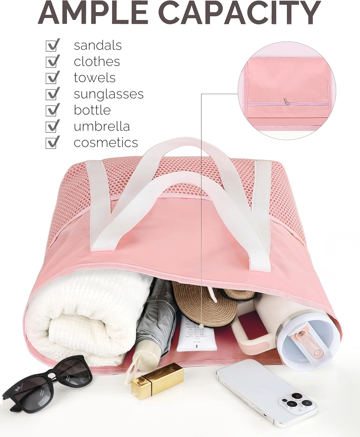 HOMESPON Beach Bag Large Waterproof Sandproof Foldable Tote for Women with Zipper Mesh Pockets for Pool Swim Travel Everyday