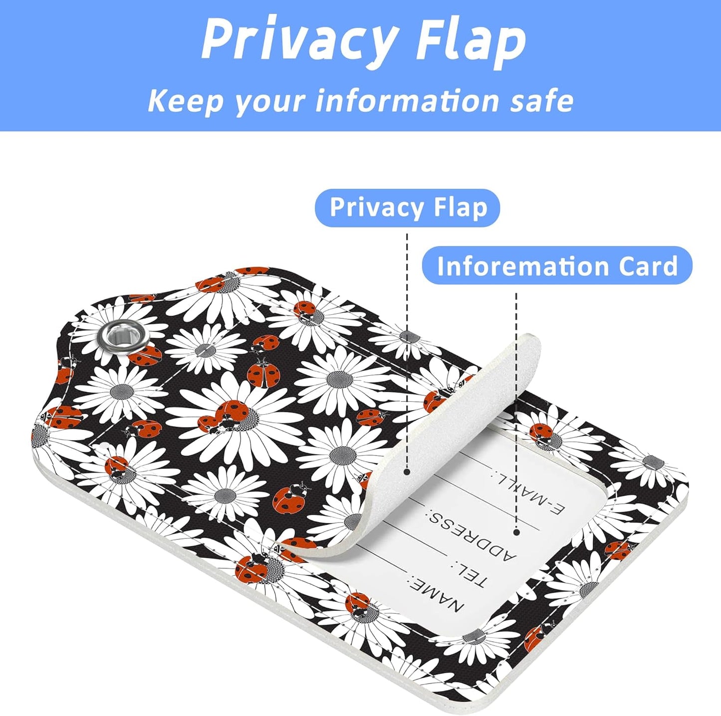 Chamomile and Ladybugs Luggage Tags 2PCS PU Leather Suitcases Tag with Stainless Steel Loop and Privacy Name Address Cover Label Card for Women Men Travel