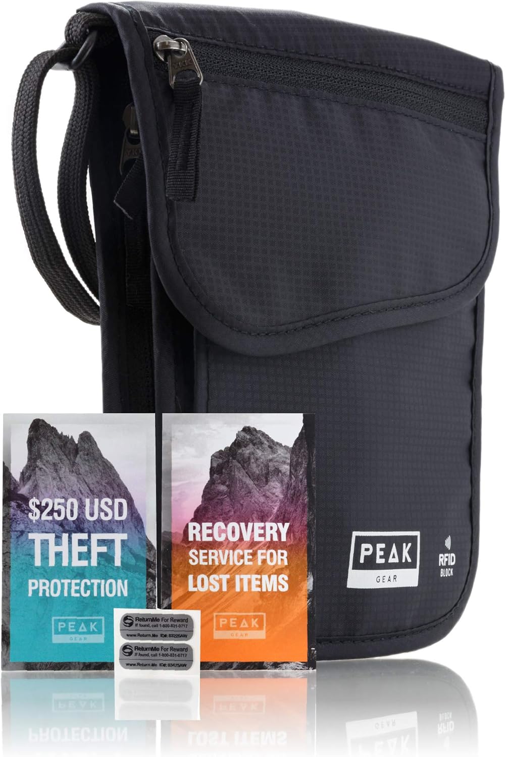 Peak Gear RFID Neck Wallet - The Original Travel Pouch with Adjustable Crossbody Strap + Theft Protection and Lost & Found Service | Black