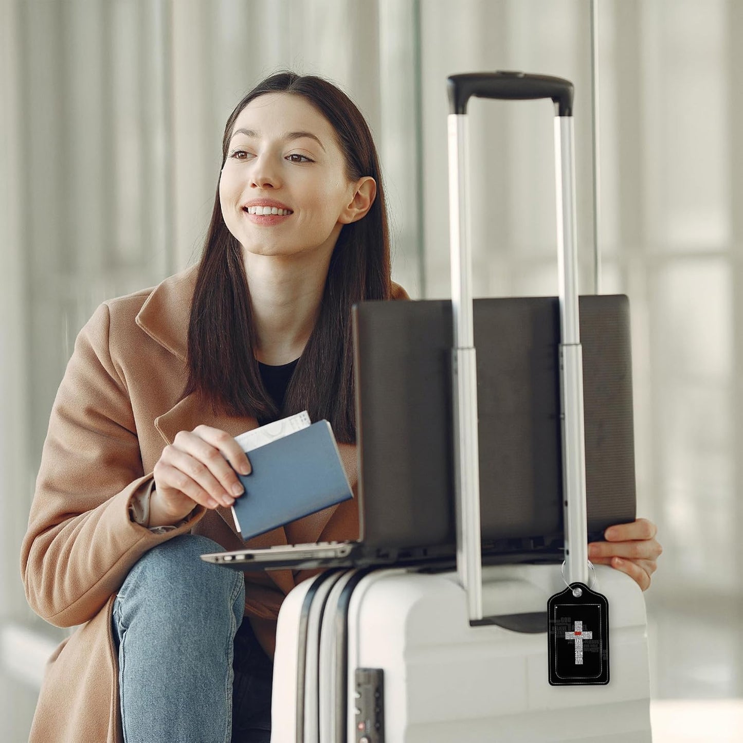 Luggage Tags for Suitcase Cross of Christian Words 2 PCS Leather Travel Cruise Luggage Tag with Stainless Steel Loop Name ID Label Privacy Cover for Women Men Travel Bag Labels Set