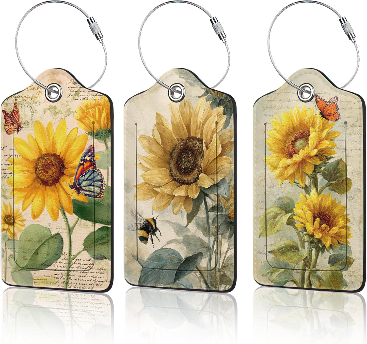Sunflower Floral Luggage Tag for Suitcase,Design with Privacy Flap Name ID Label Metal Loop, 3 Pack