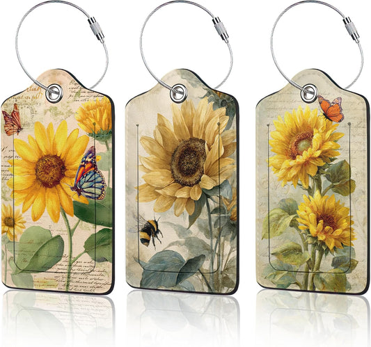 Sunflower Floral Luggage Tag for Suitcase,Design with Privacy Flap Name ID Label Metal Loop, 3 Pack