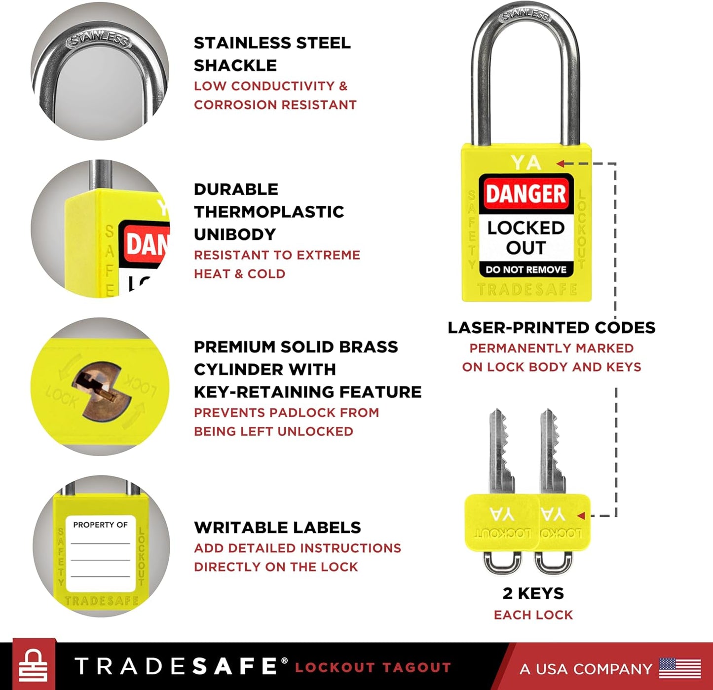 TRADESAFE Lockout Tagout Lock Sets, 10 Yellow Keyed Alike Unlimited Grouping Safety Padlocks, 2 Keys Per Lock, OSHA Compliant Loto Locks, for Lock Out Tag Out Kits