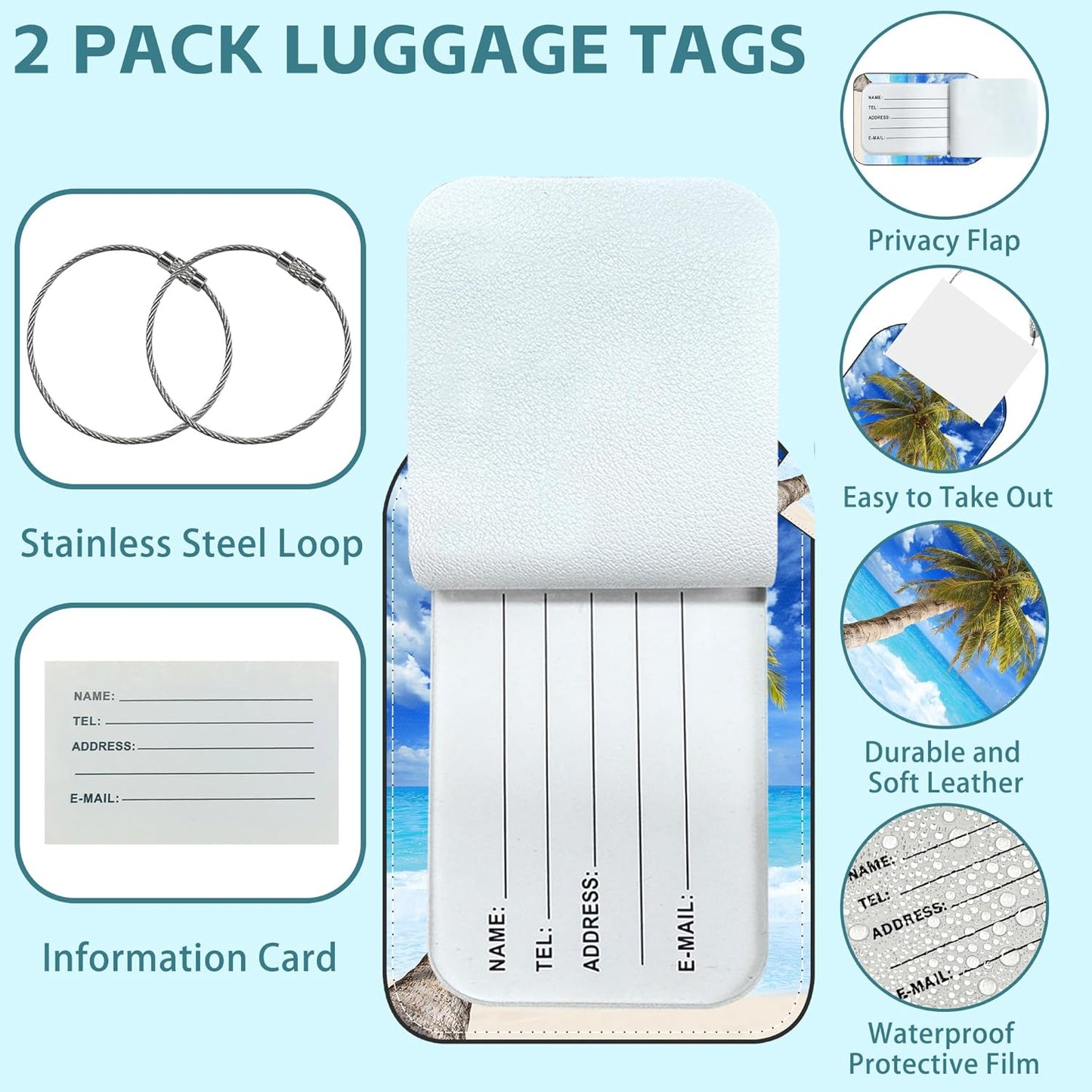 2 Pack Cute Luggage Tag for Suitcases Beach and Palm Tree Leather Luggage Tags with Stainless Steel Loop Privacy Flap Name Tags,Men and Women Travel Bag Suitcase Tags