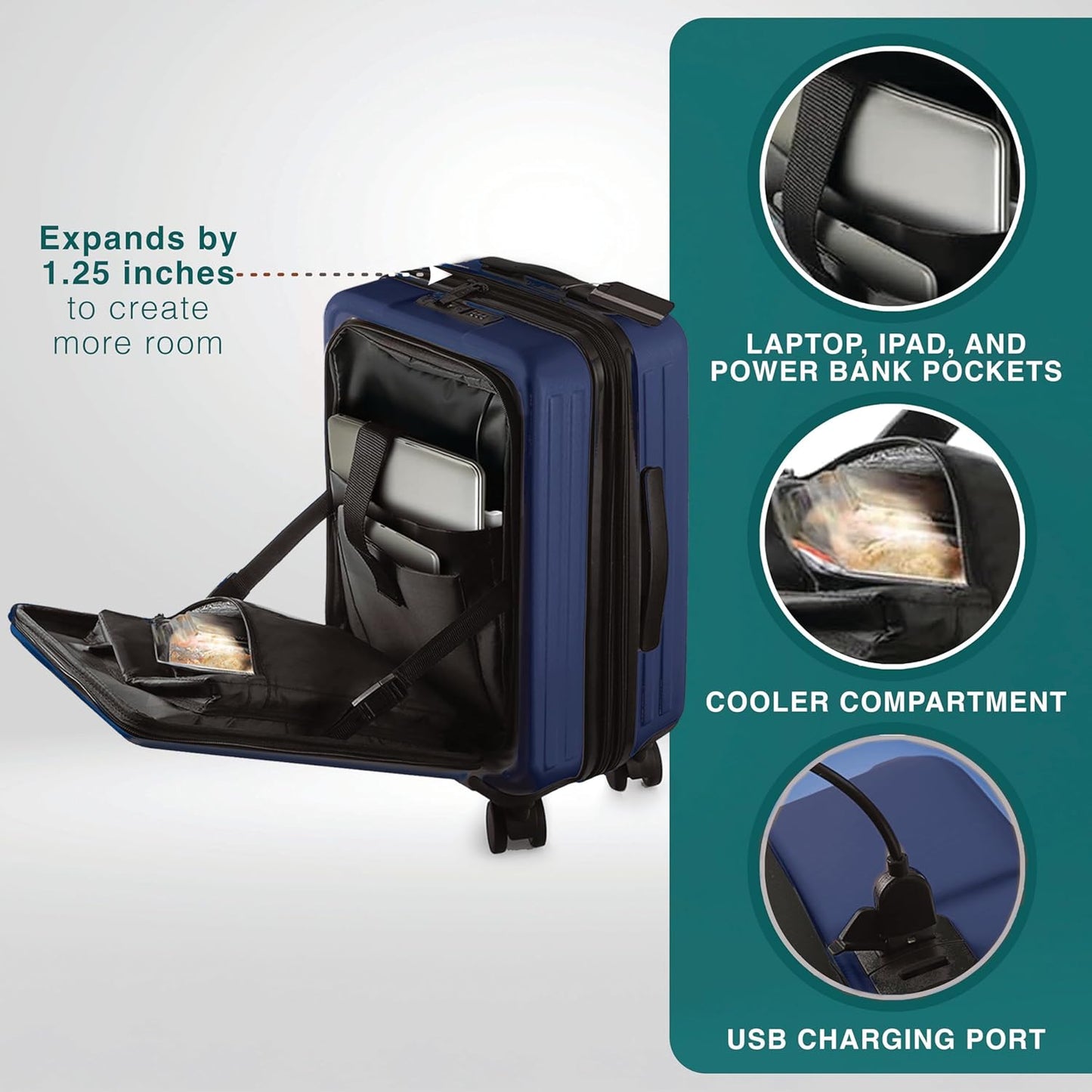 Luggage Sets 3 Piece, 22 Inch Carry on Luggage and 24 Inch Suitcases with Wheels Spinner, Durable Hard Shell Suitcase Set, Expandable Travel Suitcase, Navy