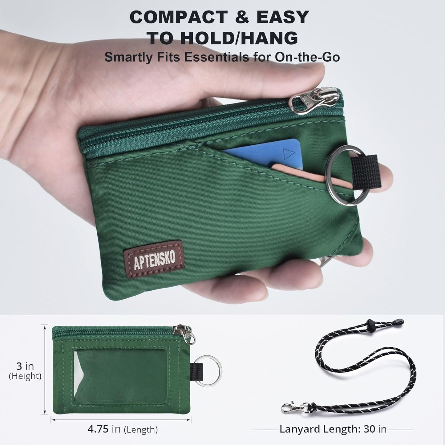 RFID Travel Wallet with Adjustable Lanyard-Zipper Small Wallet with ID Card Holder, Keychain for women&men-Minimalist Slim Waterproof Nylon case for ID, Cash, Key (Forest Green)