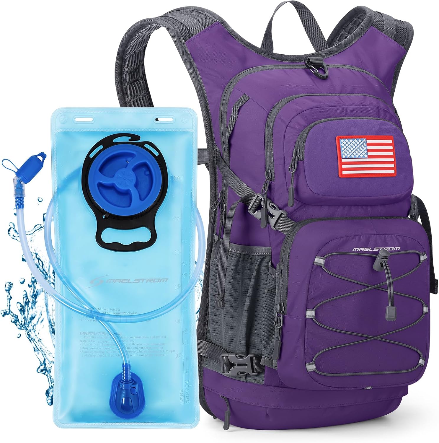 Maelstrom Hydration Hiking Backpack with 2L/3L Water Bladder, High Flow Bite Valve Camping Daypack