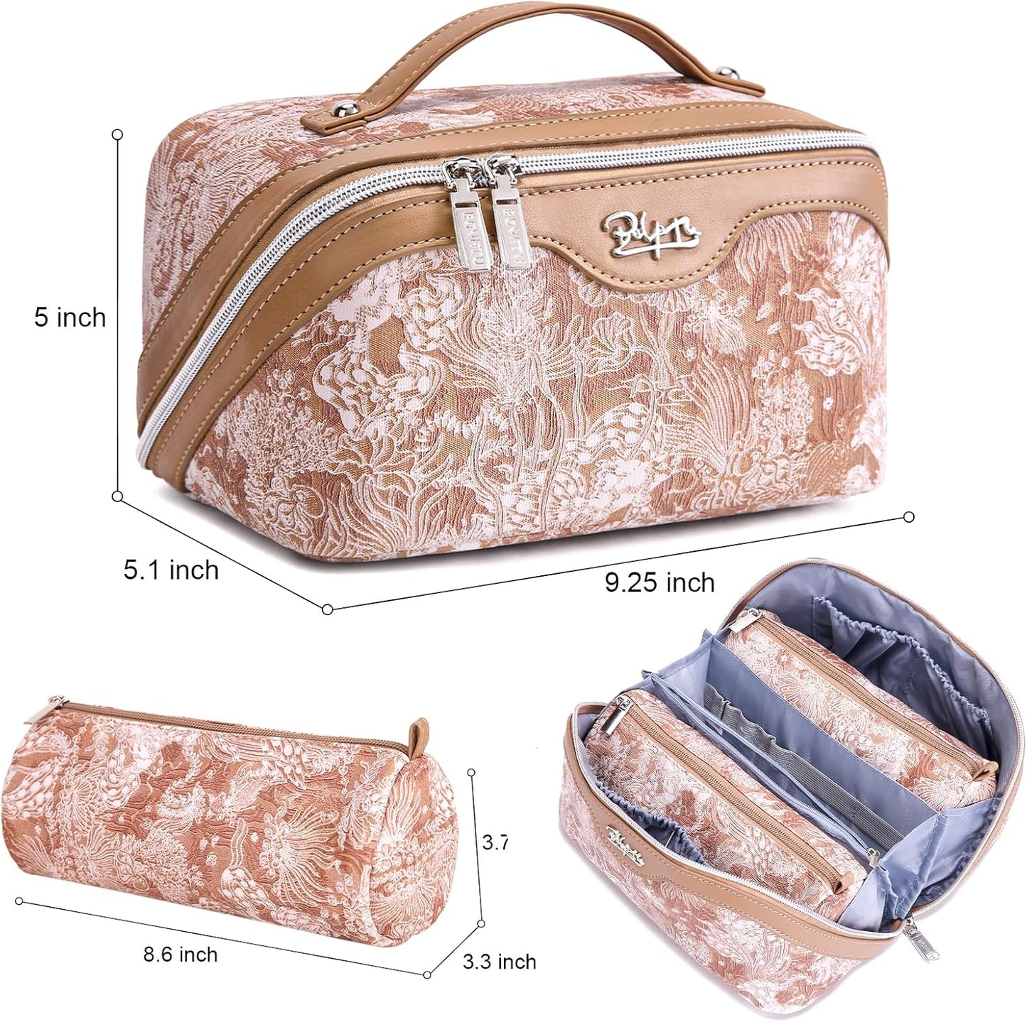 BOYATU Travel Makeup Bag for Women: Large Capacity Make up Bag with Compartments - Vegan Leather Cosmetic Bag set of 3 - Waterproof Toiletry Bag with Handle & Divider(E-5-Orange)