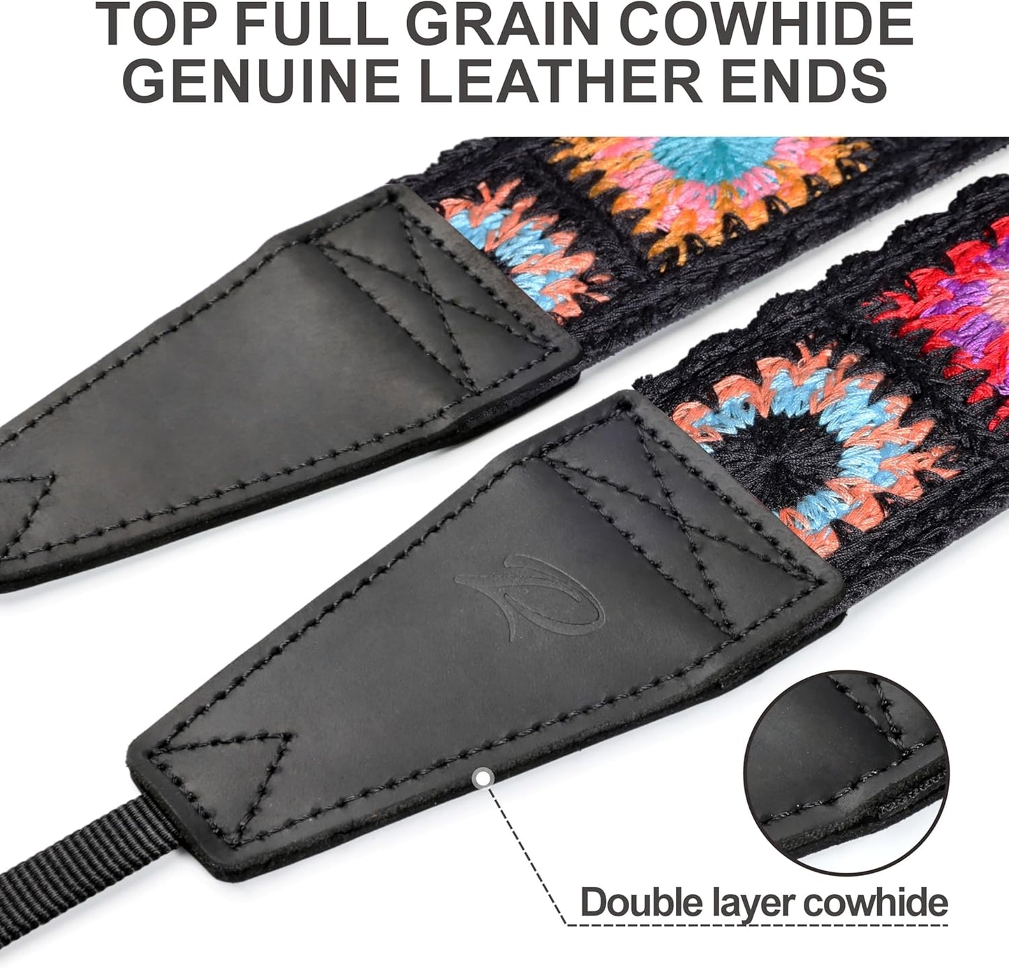 Padwa Lifestyle Camera Strap - 2" Full Grain Leather Ends Camera Straps for Photographers(Colorful Crochet)