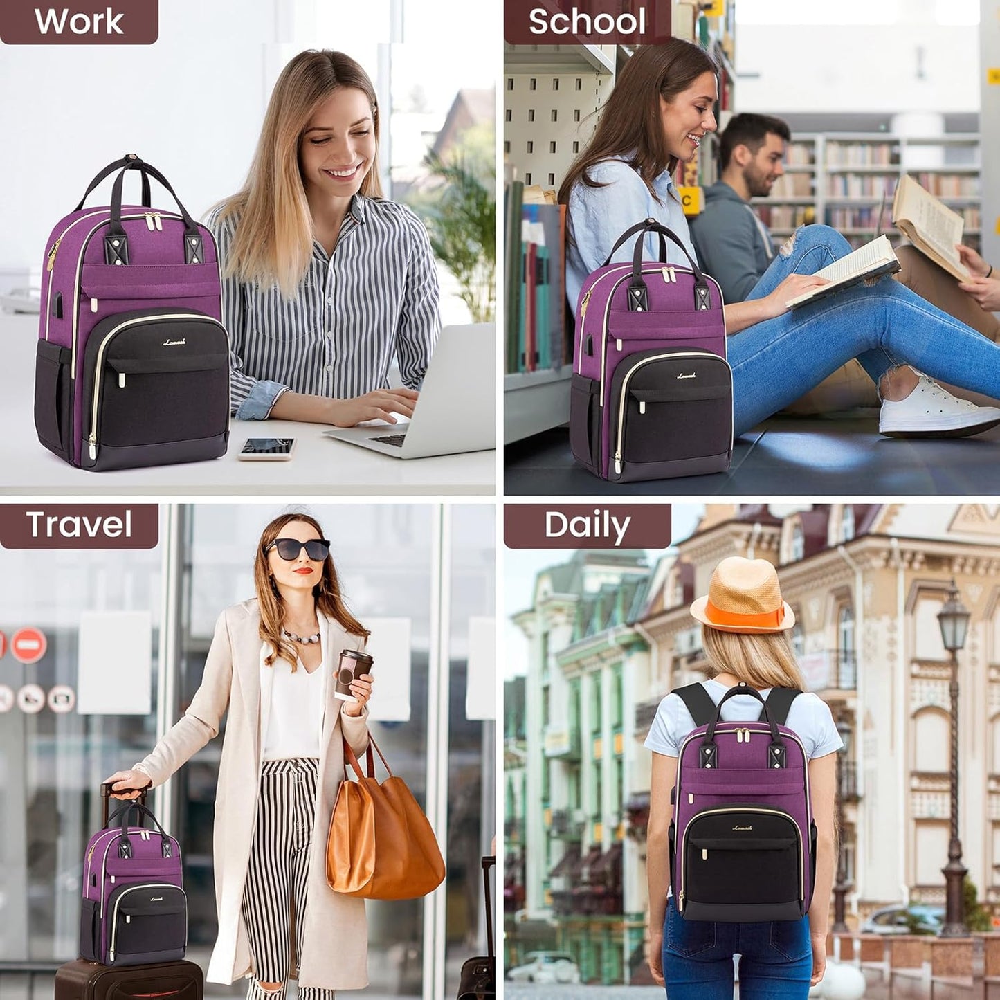 LOVEVOOK Backpack for Women,Laptop Backpack Women,Fits 15.6 Inch Laptop Bag,School Backpacks,Fashion Travel Work Anti-theft Bag,Waterproof Business Computer College Backpack Purse,Purple-Black-Black