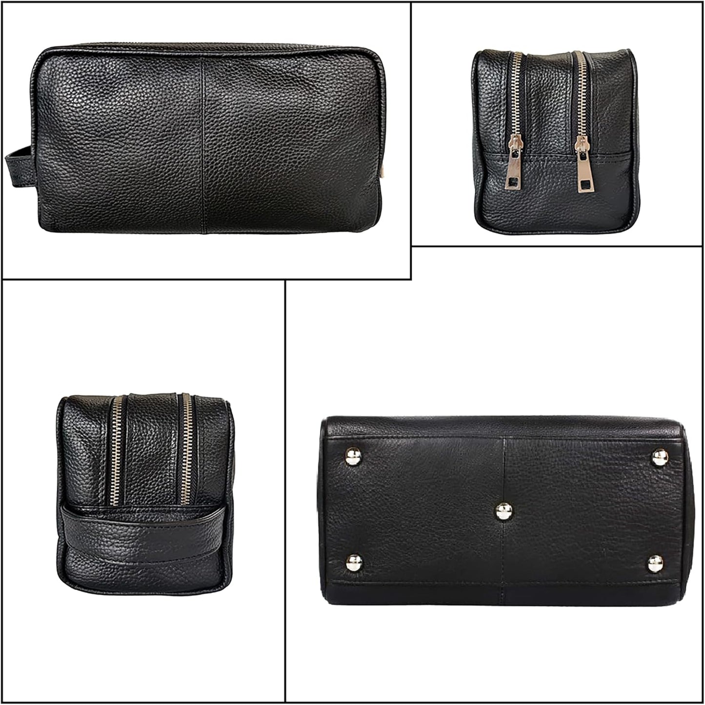 RUSTIC TOWN Full Grain Leather Travel Toiletry Bag - Cosmetic Makeup Kit Organizer (Medium, Black)