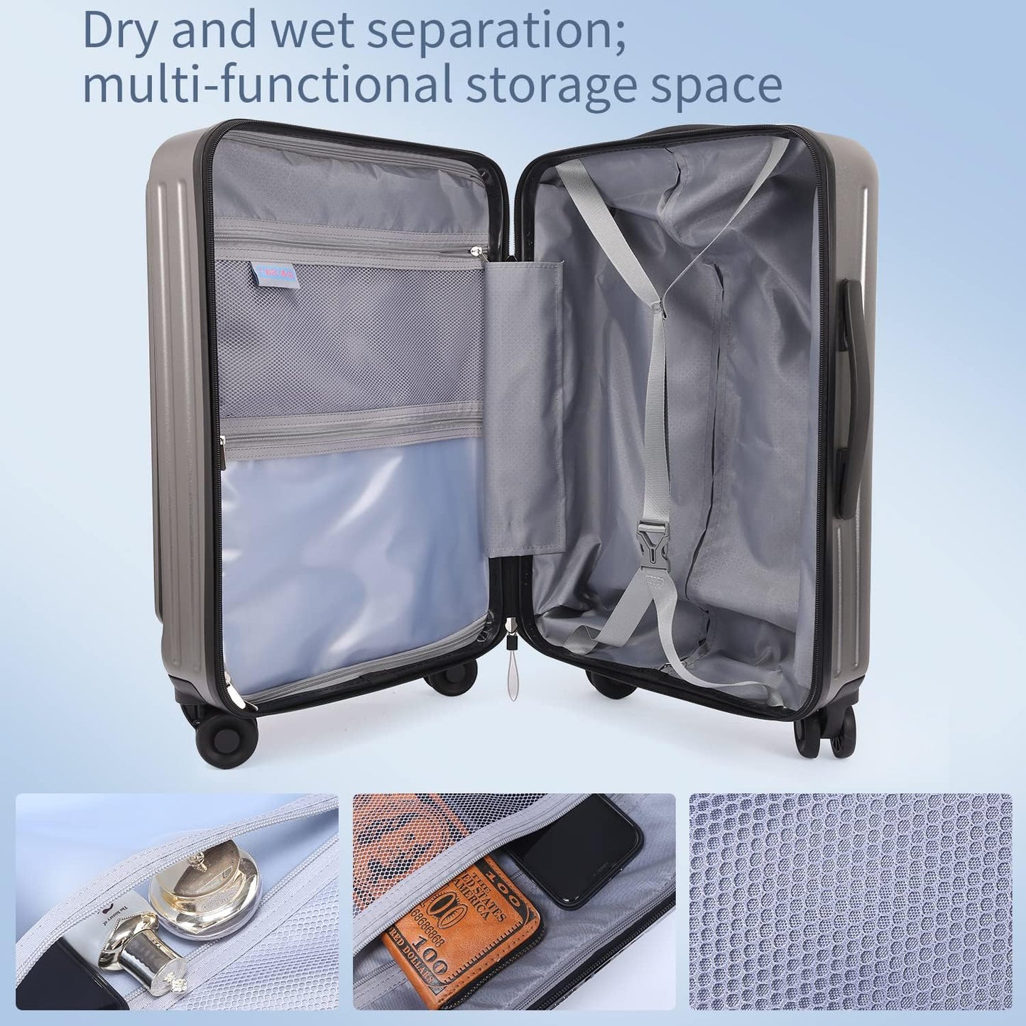 TydeCkare 20 Inch Carry On Luggage with Front Zipper Pocket, 45L, Lightweight ABS+PC Hardshell Suitcase with TSA Lock & Spinner Silent Wheels, Convenient for Business Trips, Gray