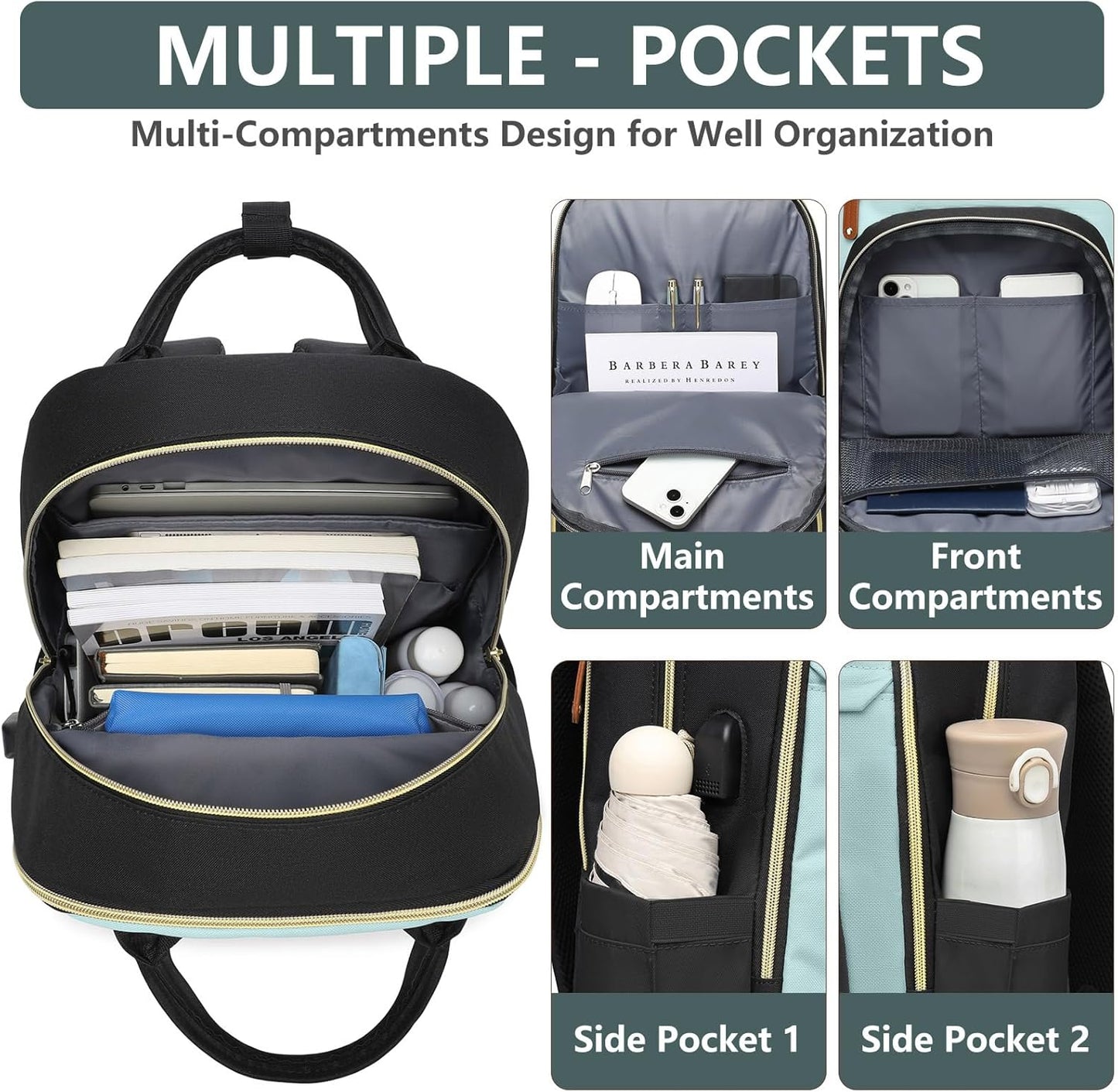 Laptop Backpack for Women Work Bookbag: 15.6 Inch College Backpacks with USB Charger School Bag Waterproof Travel Computer Back Pack Anti-Theft Casual Bookbags for Girls Teacher Nurse Black-Light-Blue