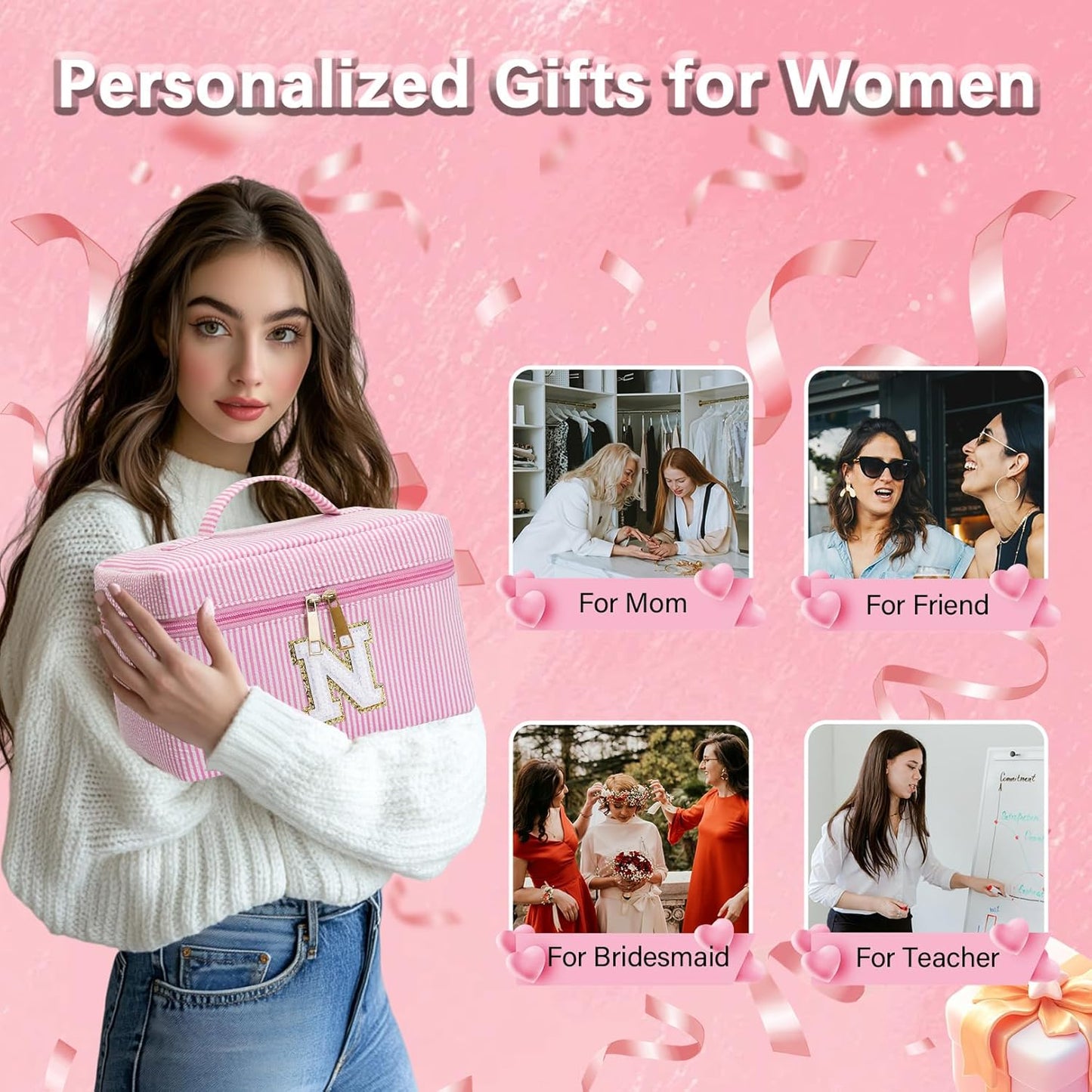 Personalized Monogram Makeup Bag, 3PCS Custom Monogrammed Toiletry Cosmetic Bag for 6-18 Teen Girls Women,Birthday Graduation Gifts Initial Pouch Makeup Bags for Women Girls, Make Up Bag (R, Pink)