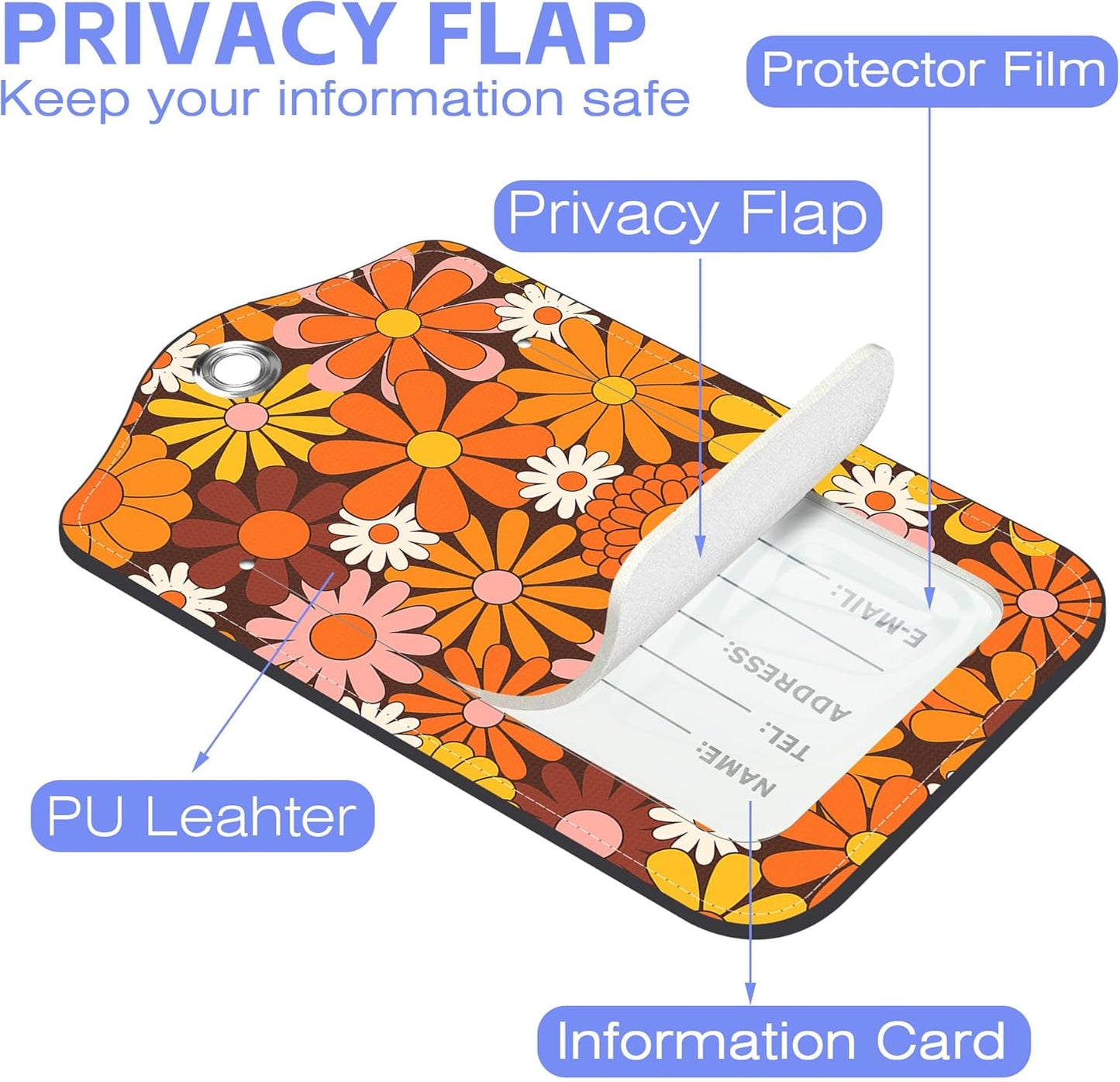 Hippie Flower Luggage Tag for Suitcase 2 Pack Leather Luggage Tag with Privacy Flap Name ID Label and Metal Loop for Women Men Travel