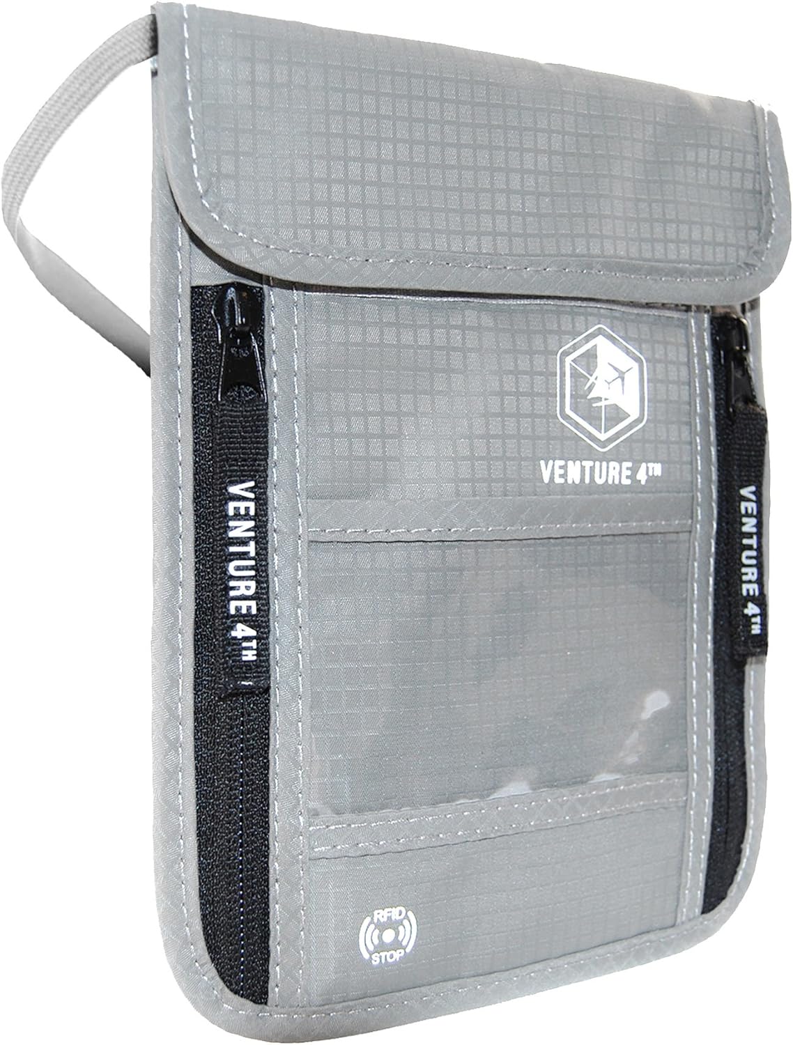 VENTURE 4TH Neck Wallet, RFID Blocking Passport Holder for Travel – Hidden Neck Pouch with 6 Compartments, Slim Lightweight Organizer with Adjustable Strap for Cash, Cards & Passport (Silver)